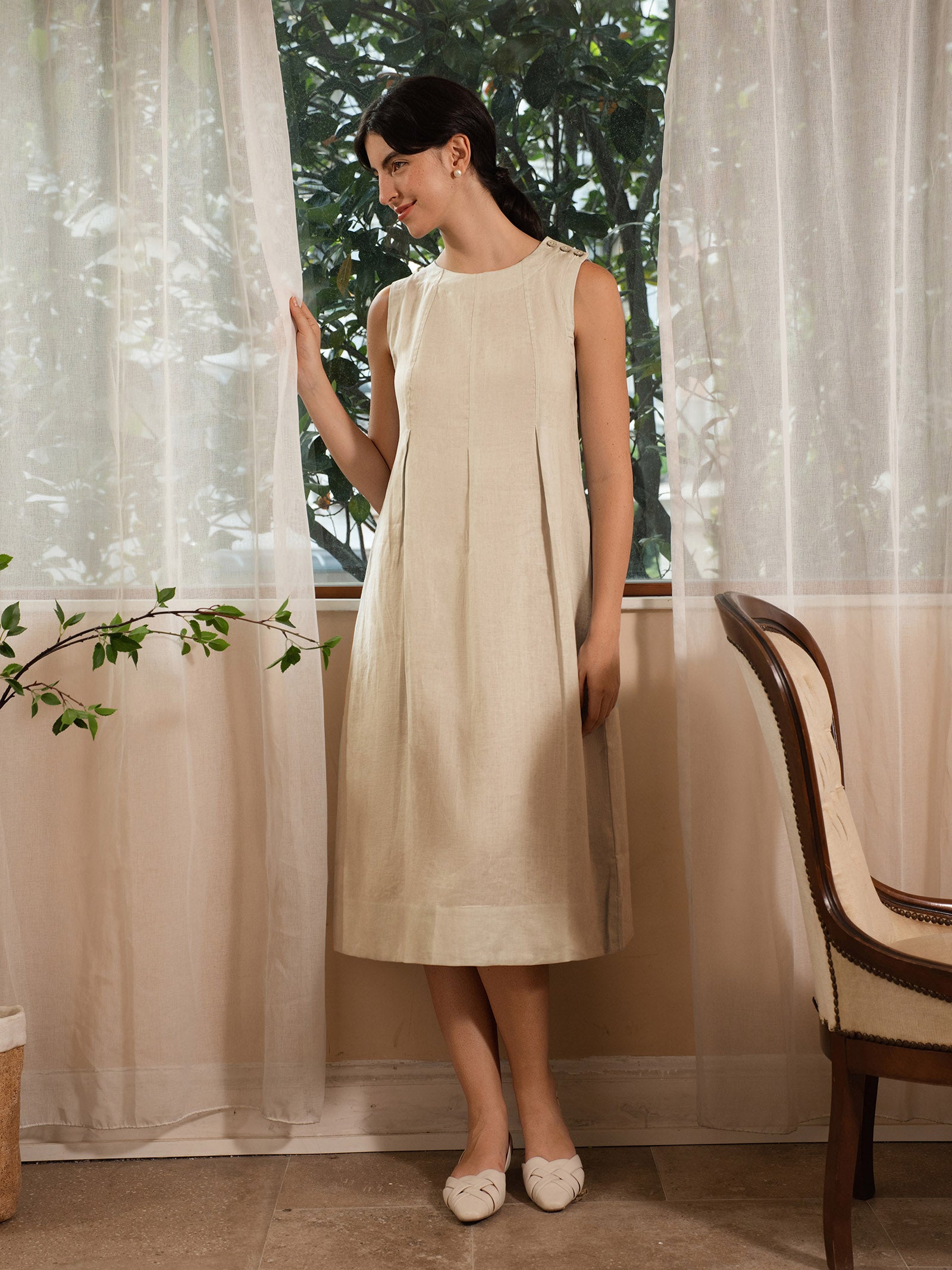 100% Linen Sleeveless Shoulder Button Midi Dress FREYA