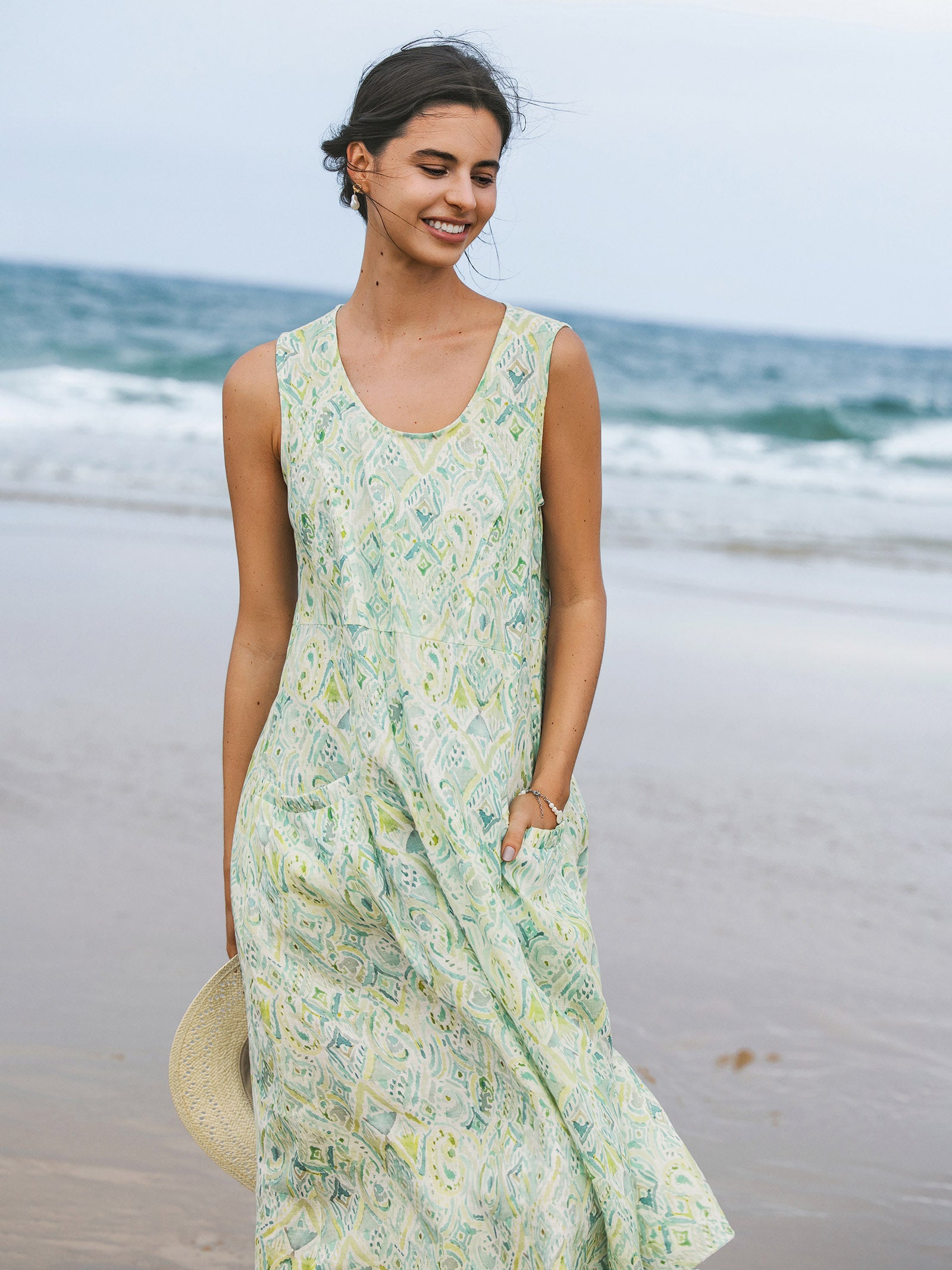 100% Linen Floral Swing Beach Tank Dress LORRAINE