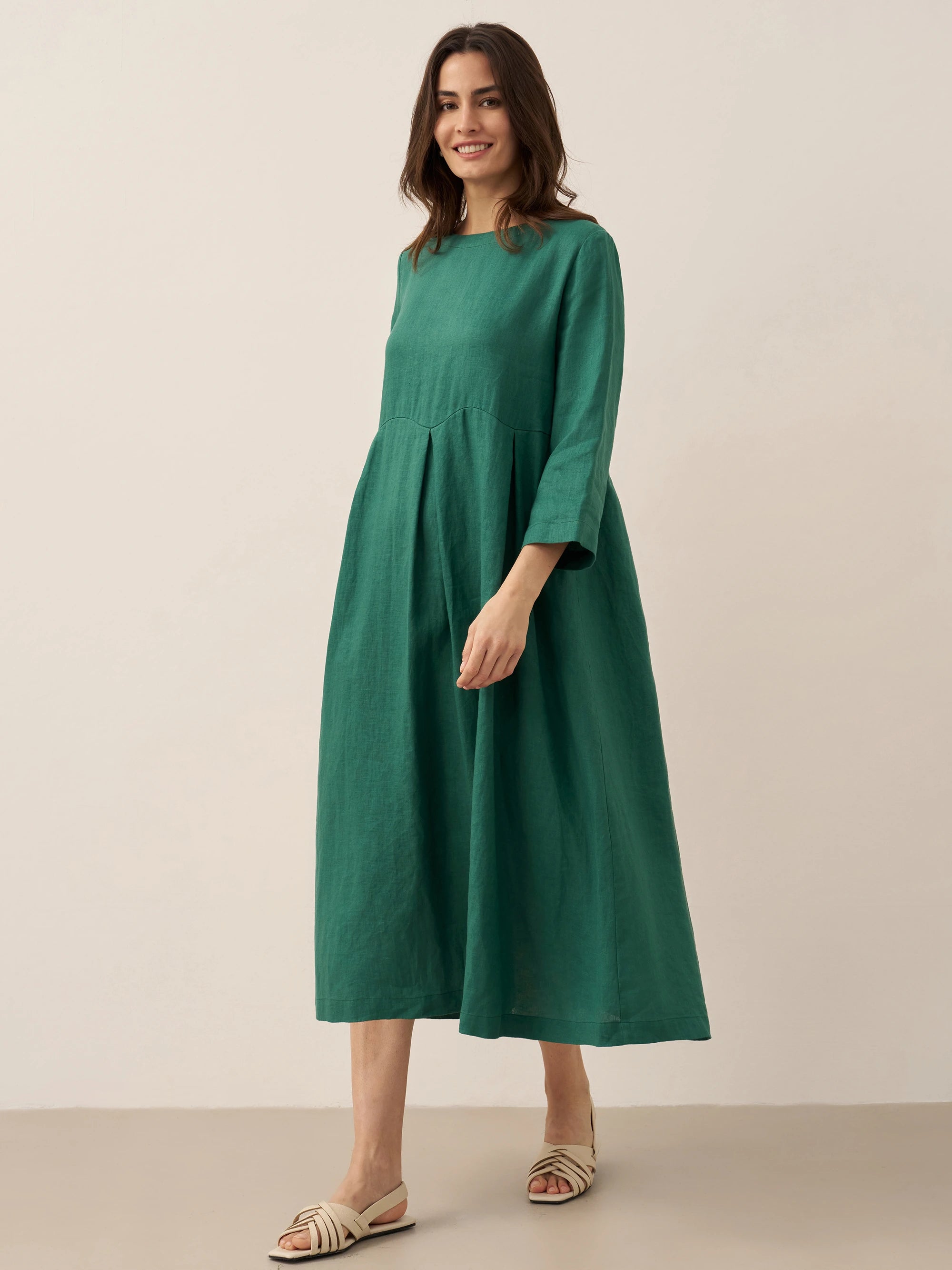 100% Linen Bateau Neck Pleated Maxi Dress ABIGAIL