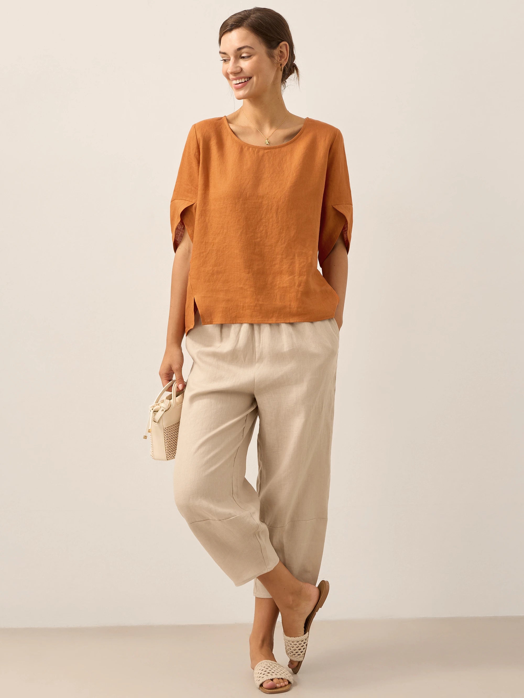 100% Linen Round Neck Petal-Sleeve Pullover LAUREL
