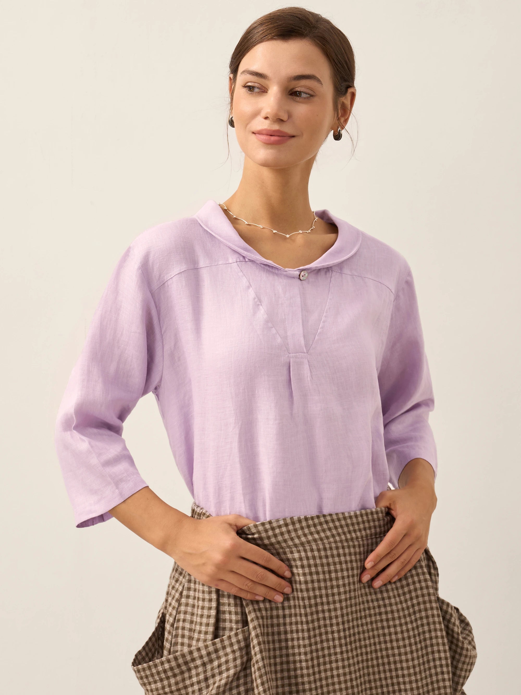 100% Linen Shawl V-Neck Half Sleeve Top JADE