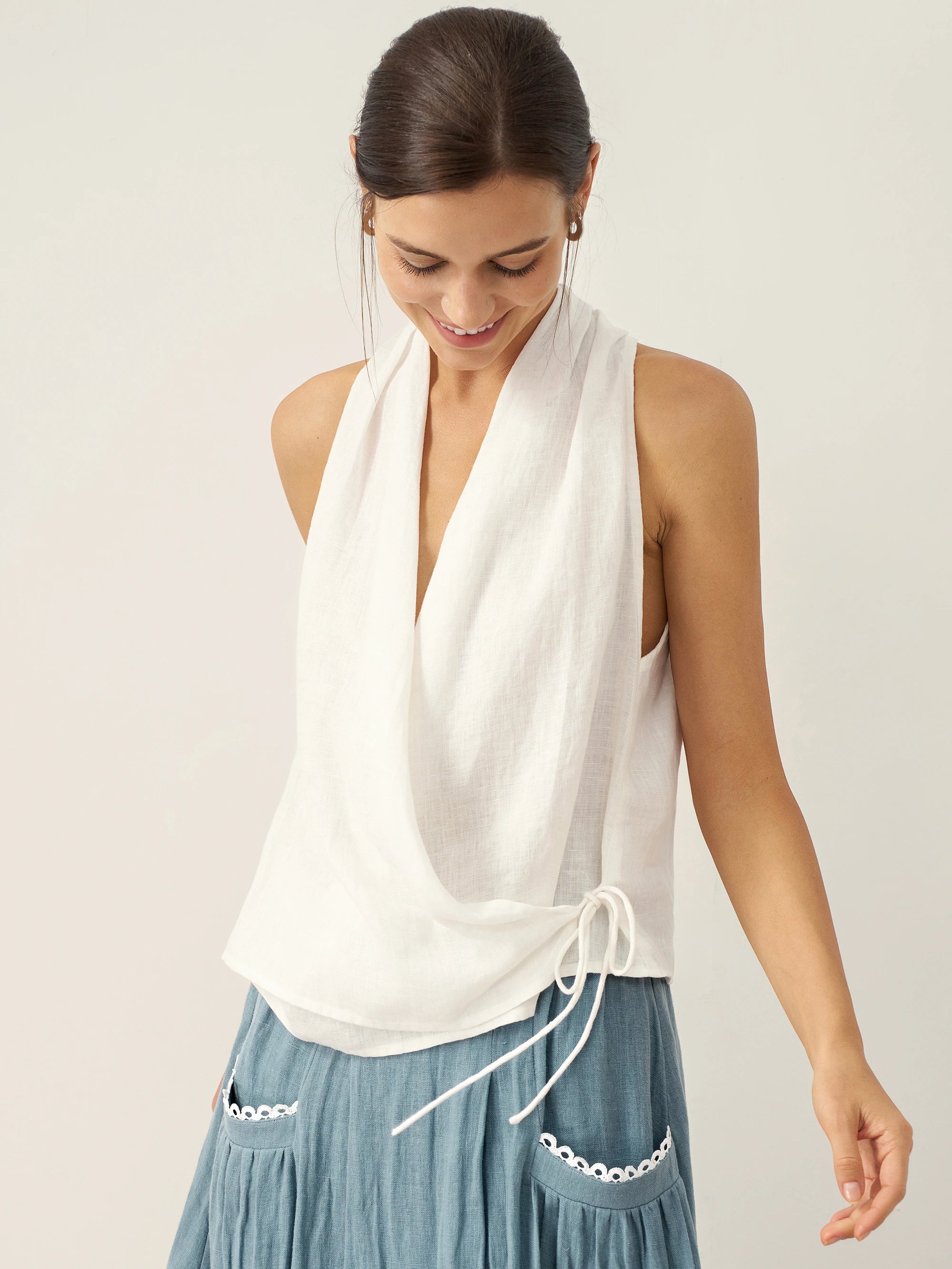 100% Linen Halter Neck Tie-Front Crop Top FAYE