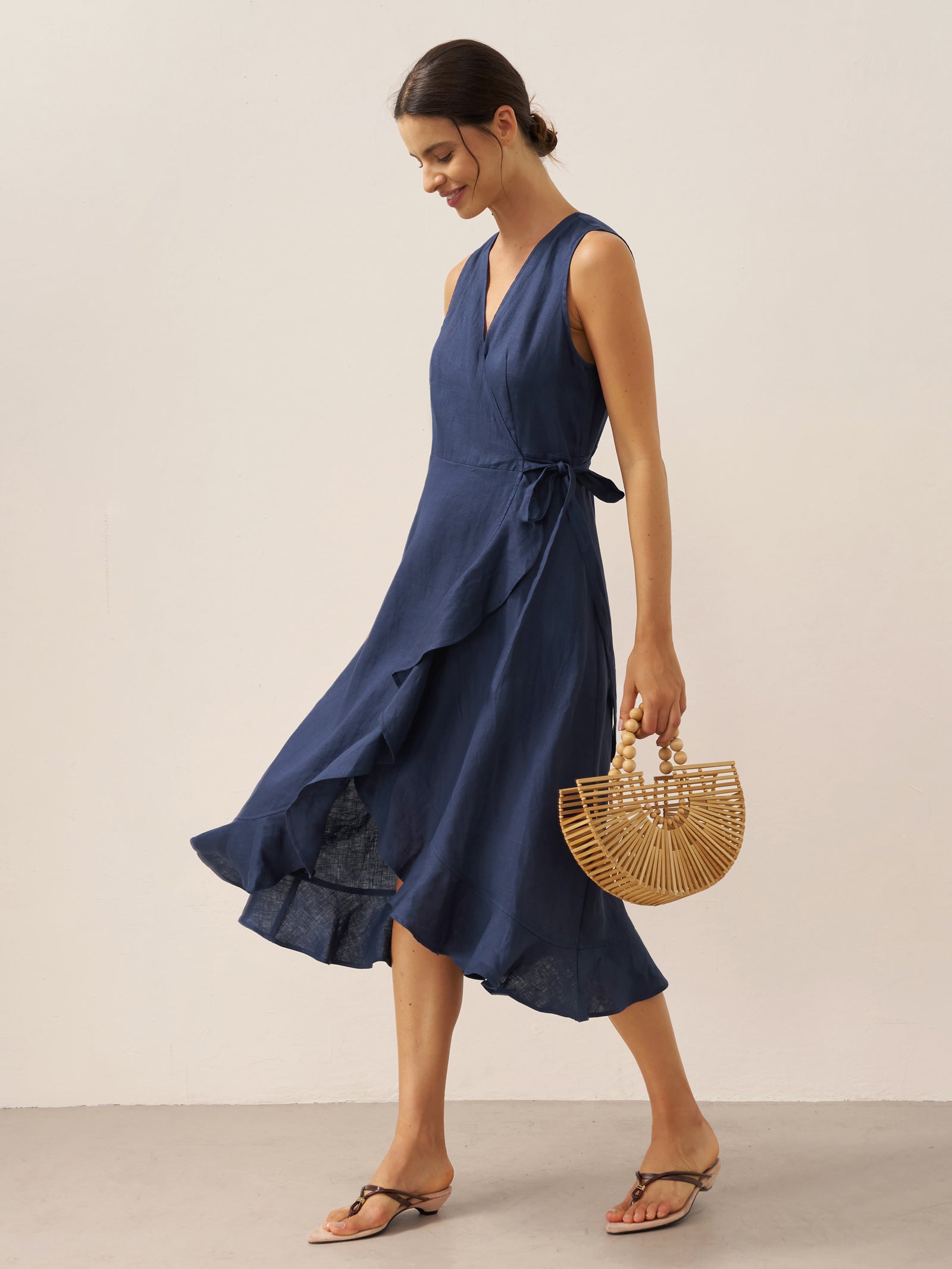 100% Linen V-Neck One-Piece Ruffle Hem Maxi Dress MAYA