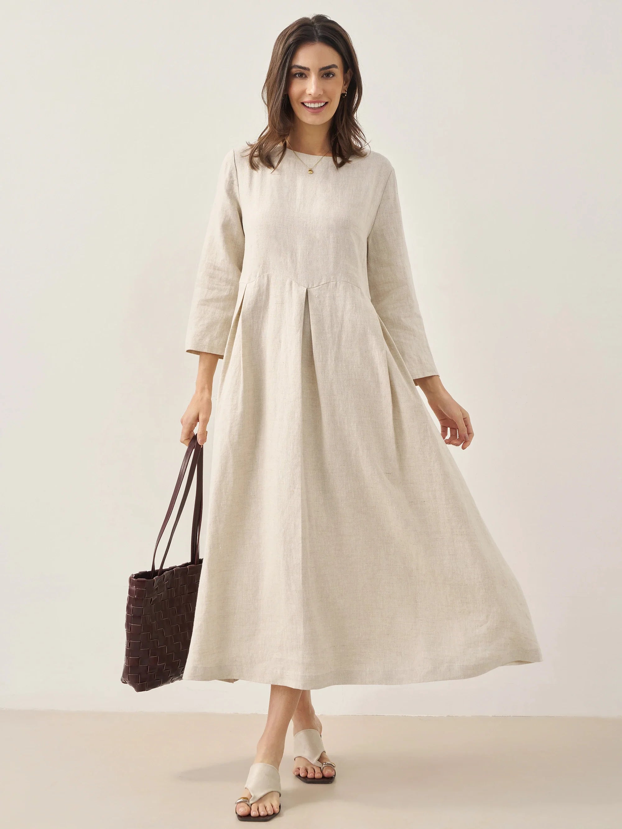 100% Linen Bateau Neck Pleated Maxi Dress