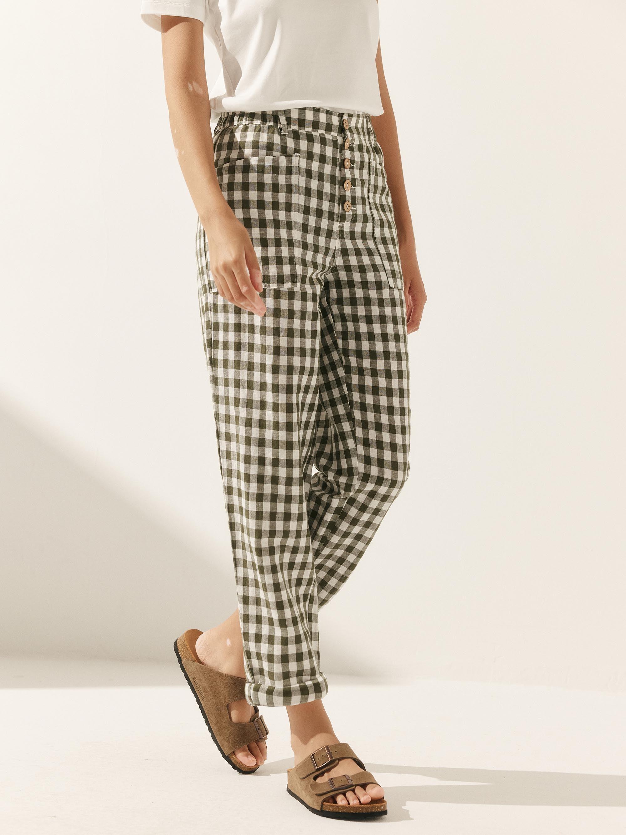 Linen Simple Checked Button Fly Trousers