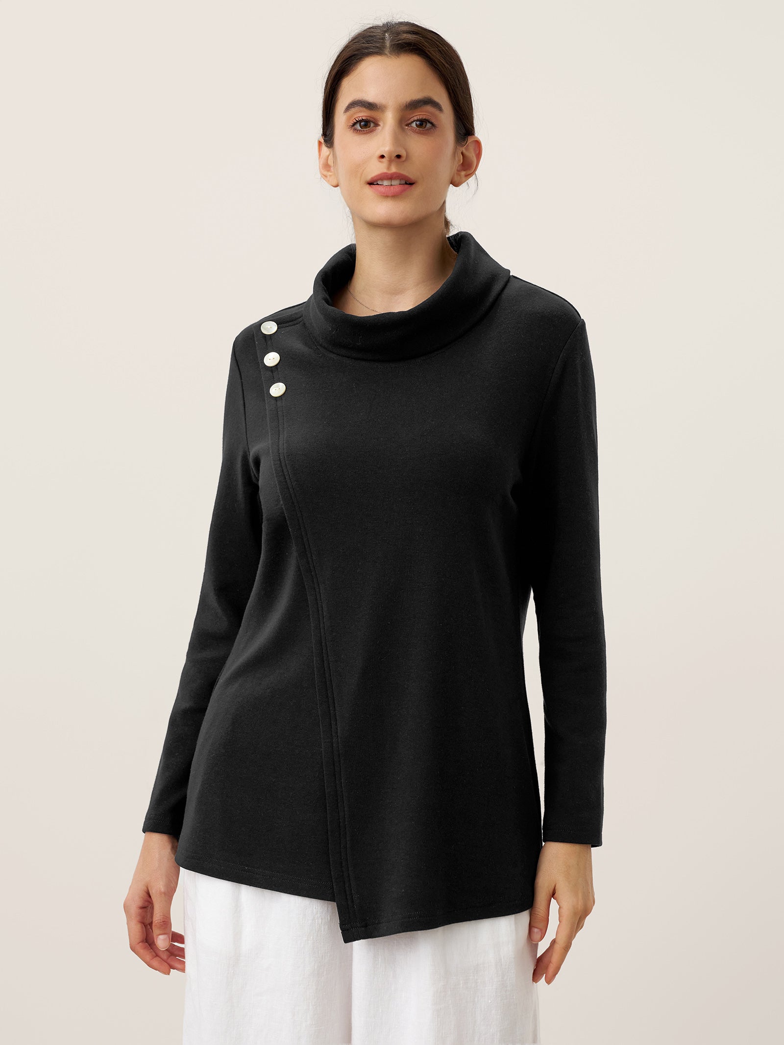 Mock Neck Buttoned Stretch Top
