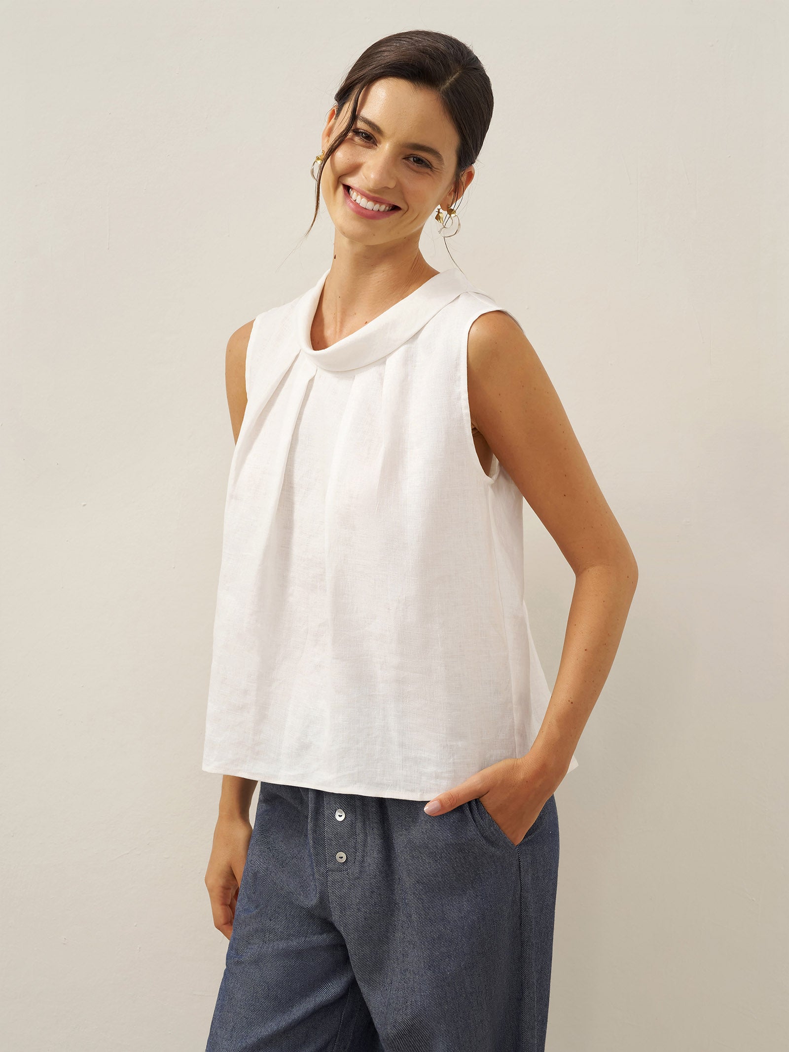 100% Linen Structured Collar Sleeveless Blouse BLAIR