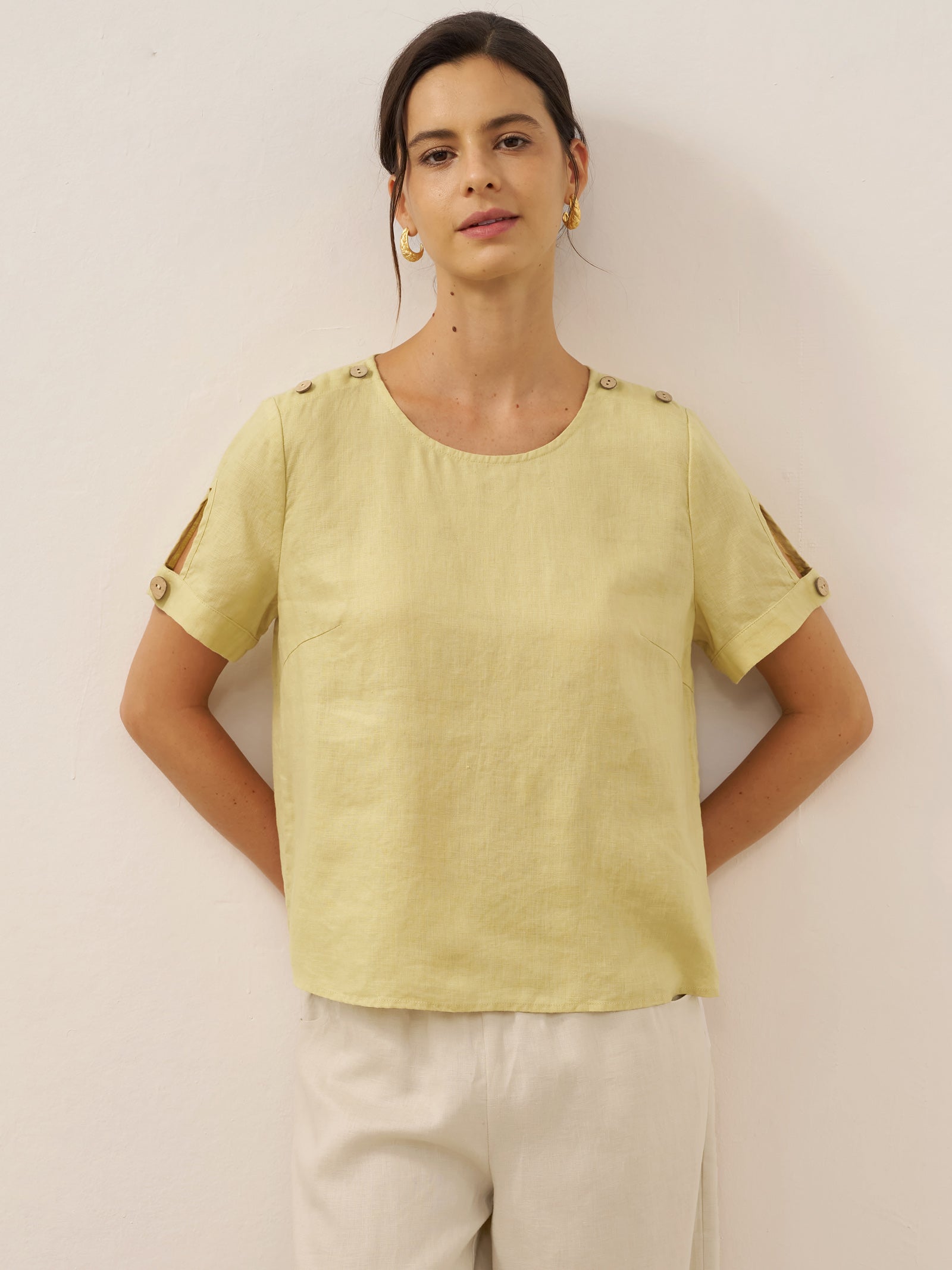 100% Linen Eyelet Short Sleeve Pullover Top ADA