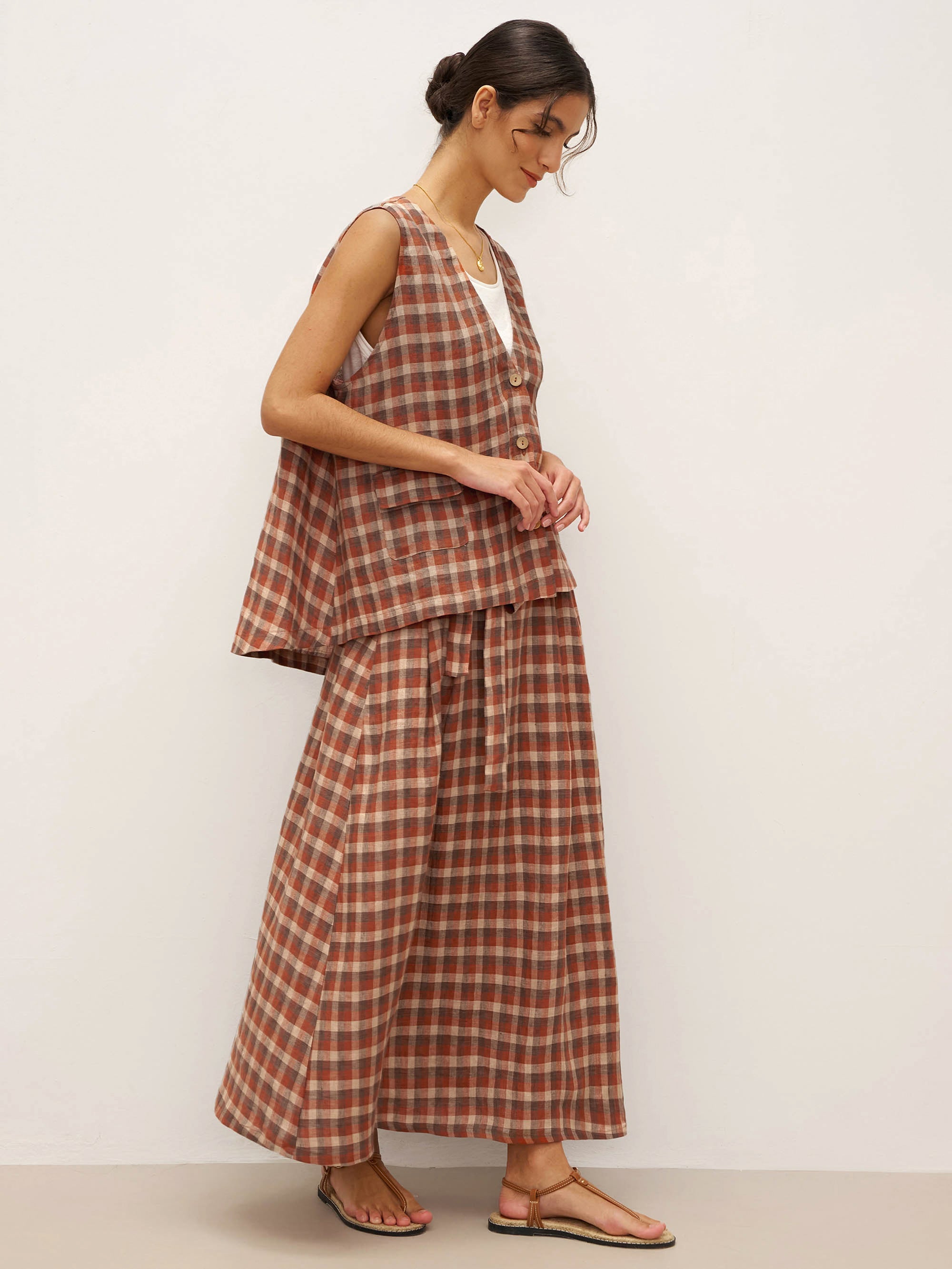 100% Linen V-Neck Checked Oversized Vest