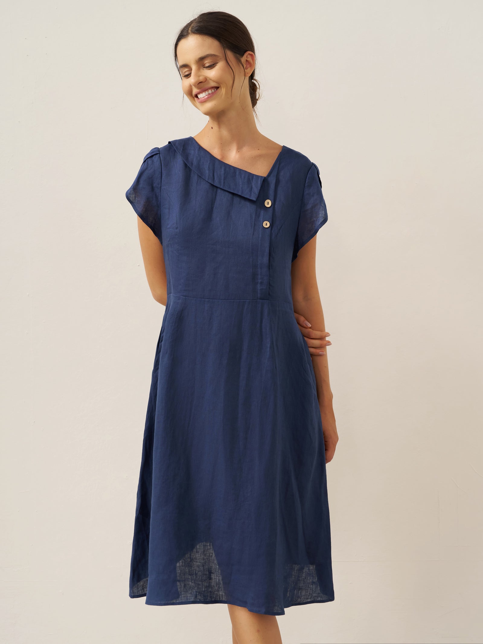 100% Linen Crescent Collar Flutter Sleeve Midi Dress FIONA