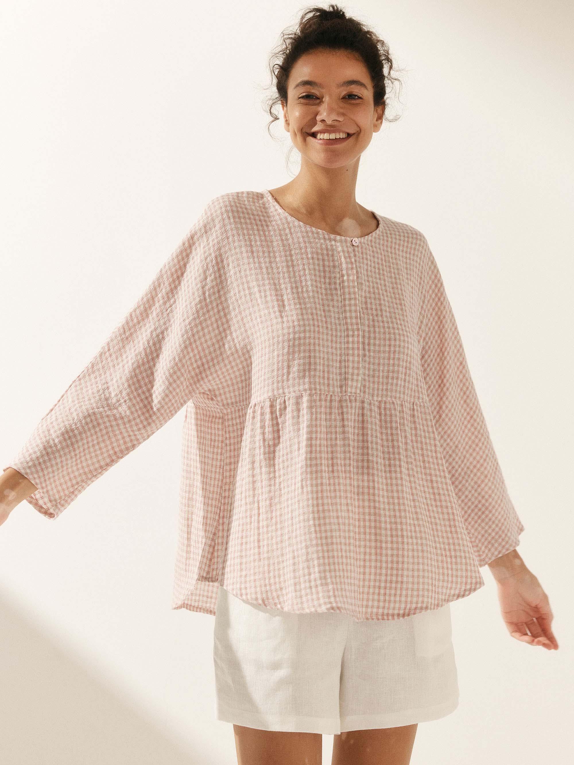 Linen Checked Long-Sleeved Top CAROLINE