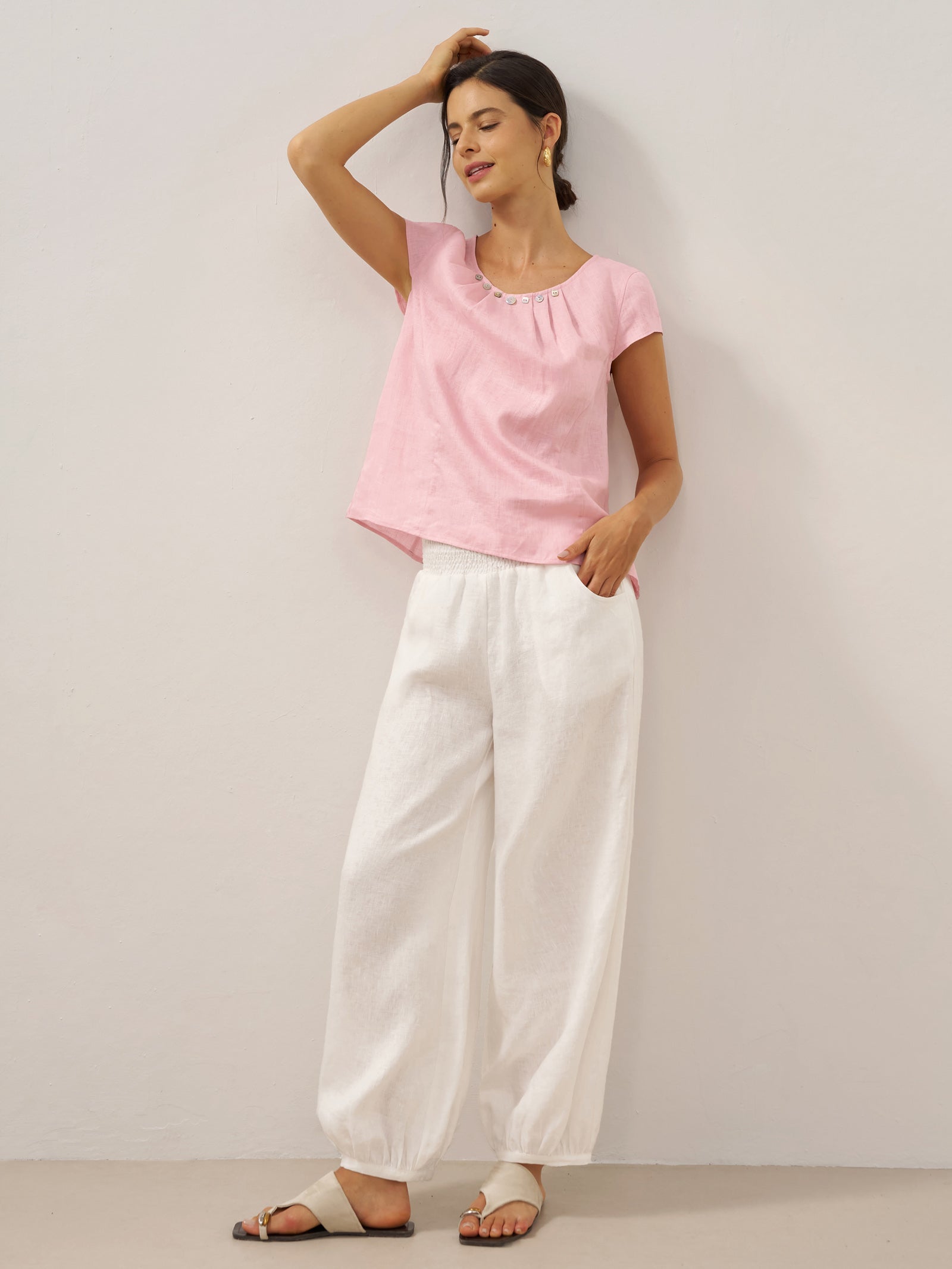 100% Linen Broad Elastic Waistband Pants TALIA