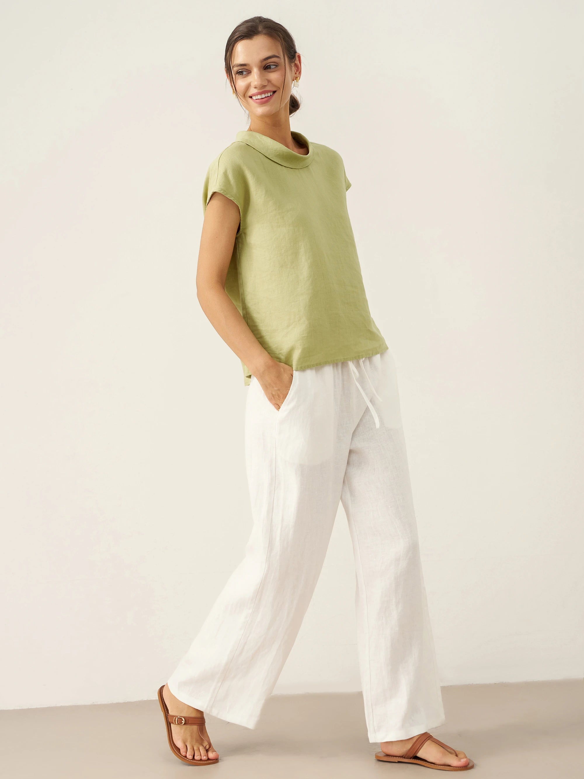 100% Linen Cap Sleeve Soft-Fold Collar Top YVONNE