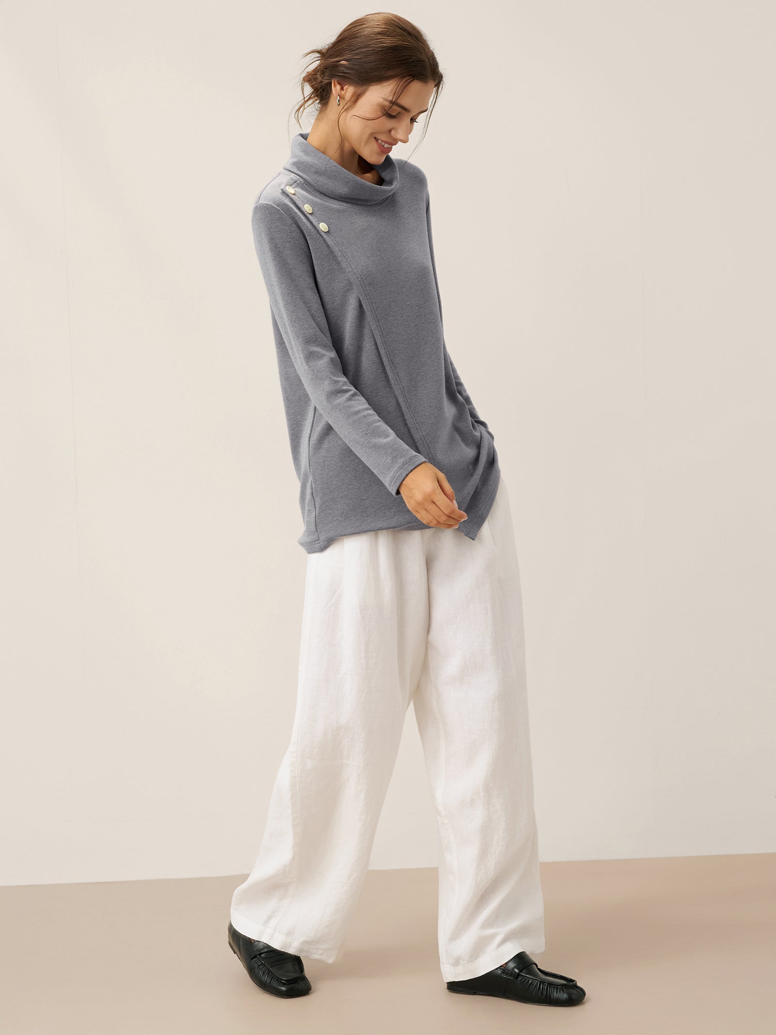 Mock Neck Buttoned Stretch Top