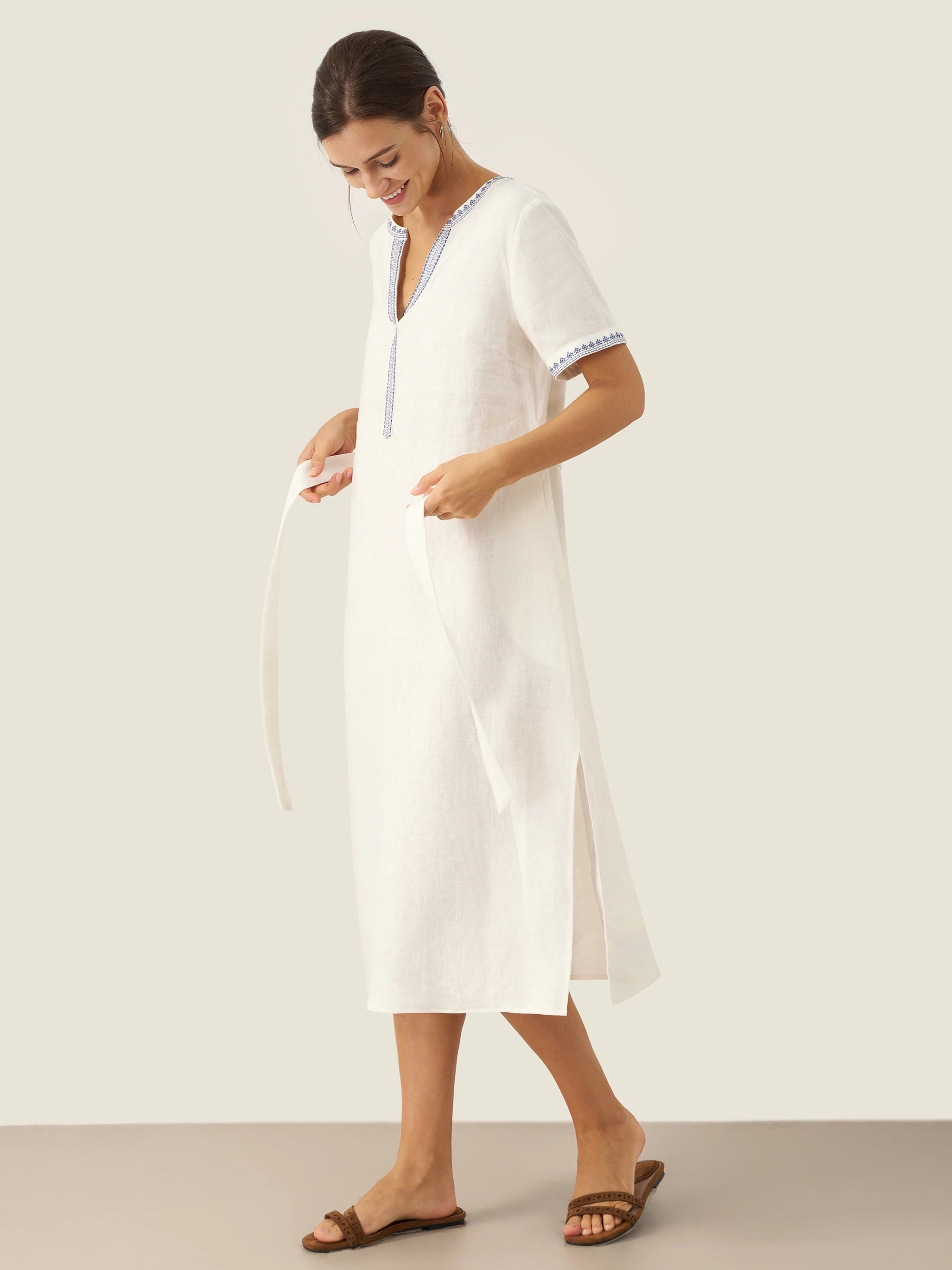 100% Linen Embroidered V-Neck Midi Dress with Belt FELLIS