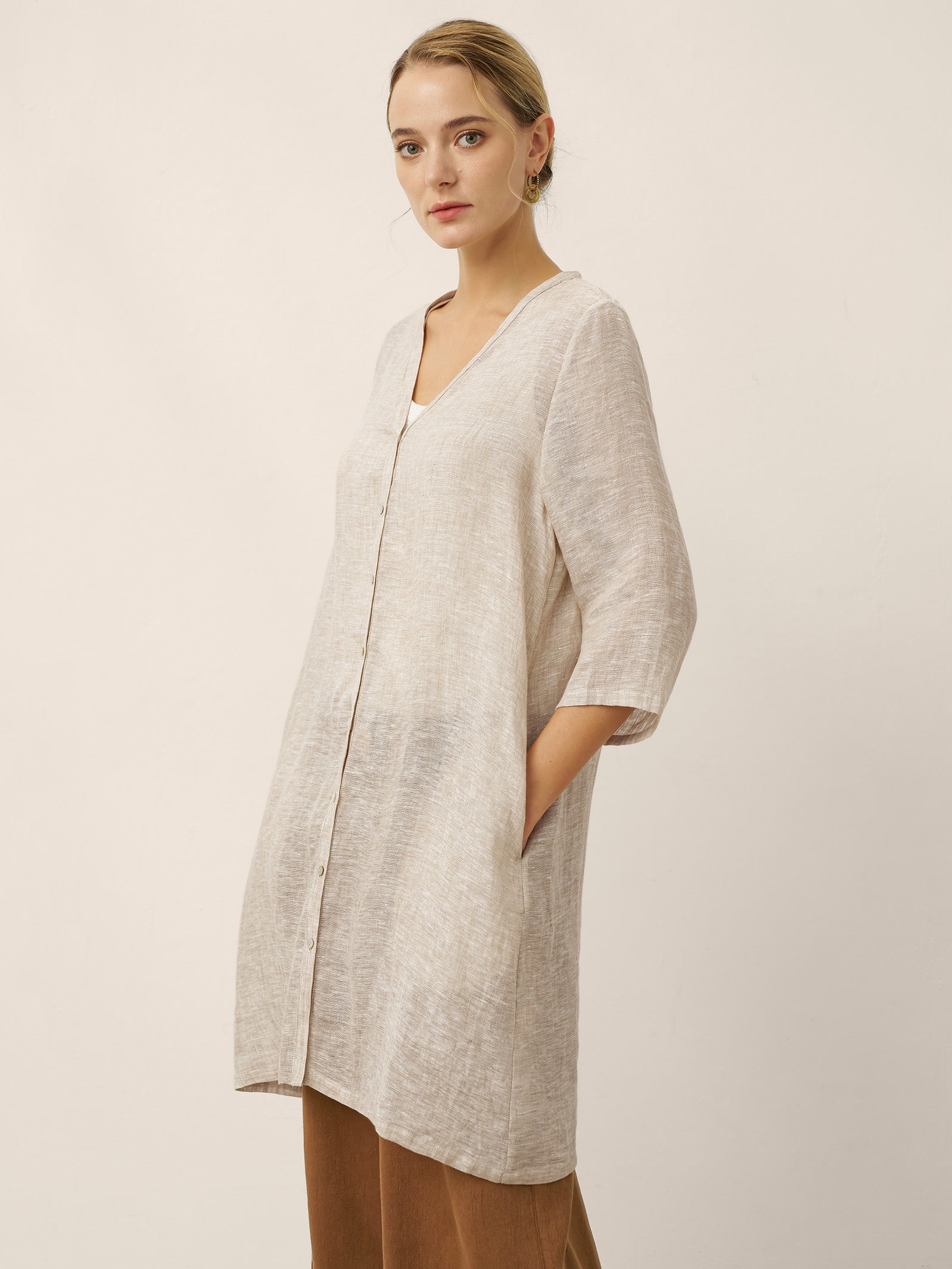 100% Linen Button Front Three-Quarter Sleeve Top