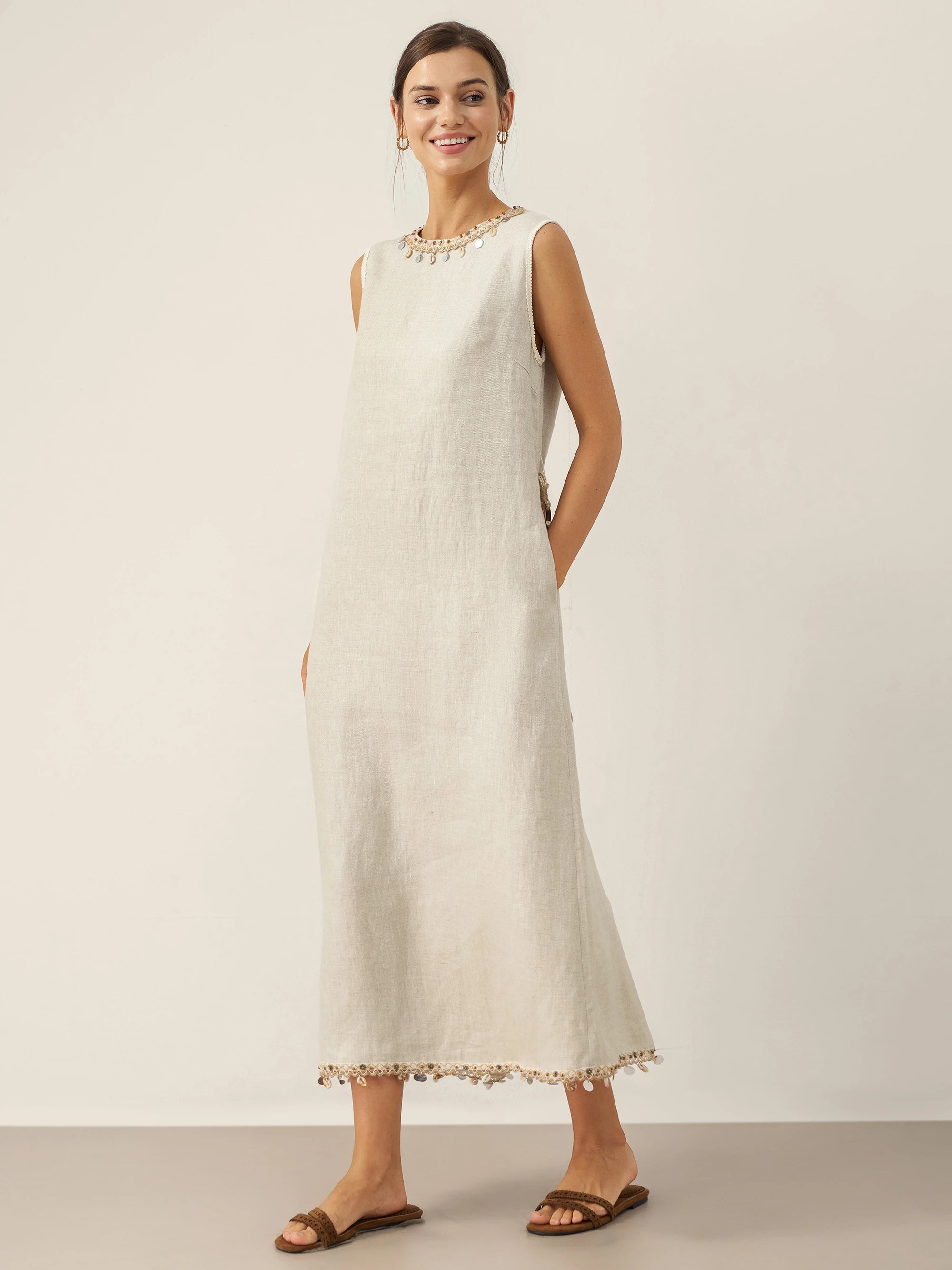 100% Linen Beaded Crew Neck Maxi Dress with Belt BELLA