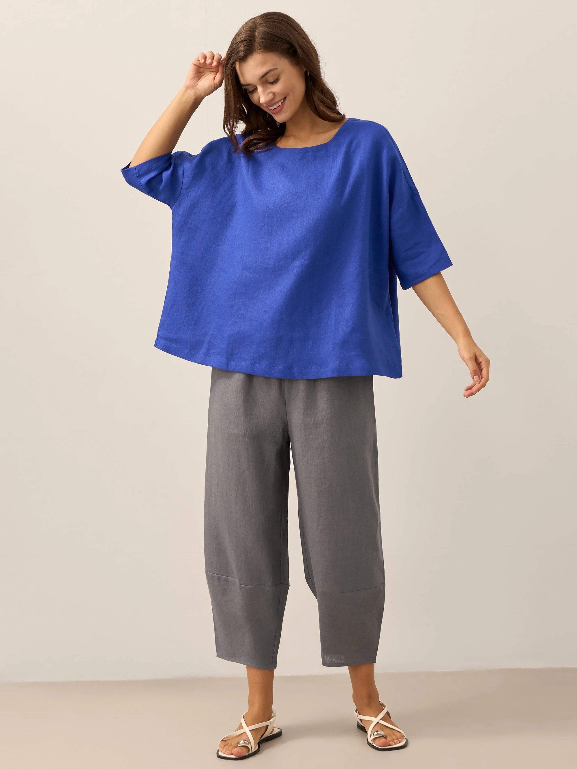 100% Linen Boatneck 3/4 Length Sleeve Top AURORA