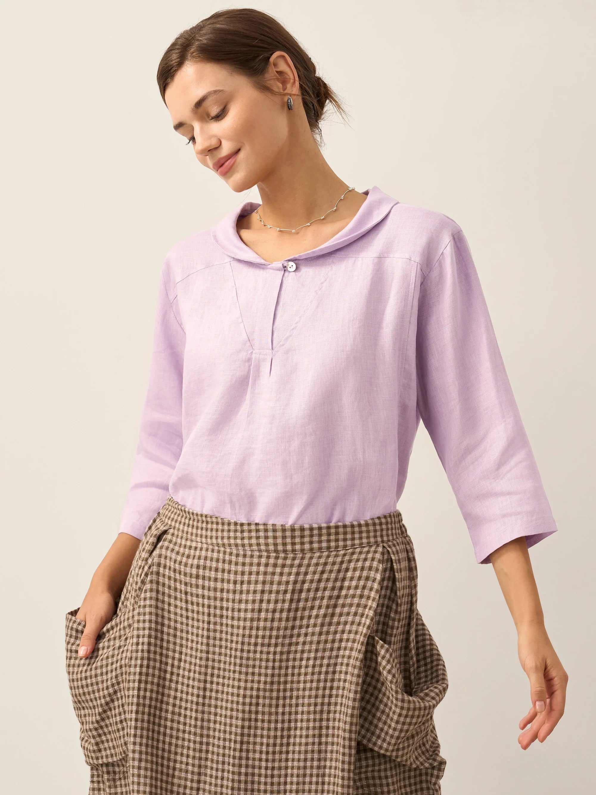 100% Linen Shawl V-Neck Half Sleeve Top JADE