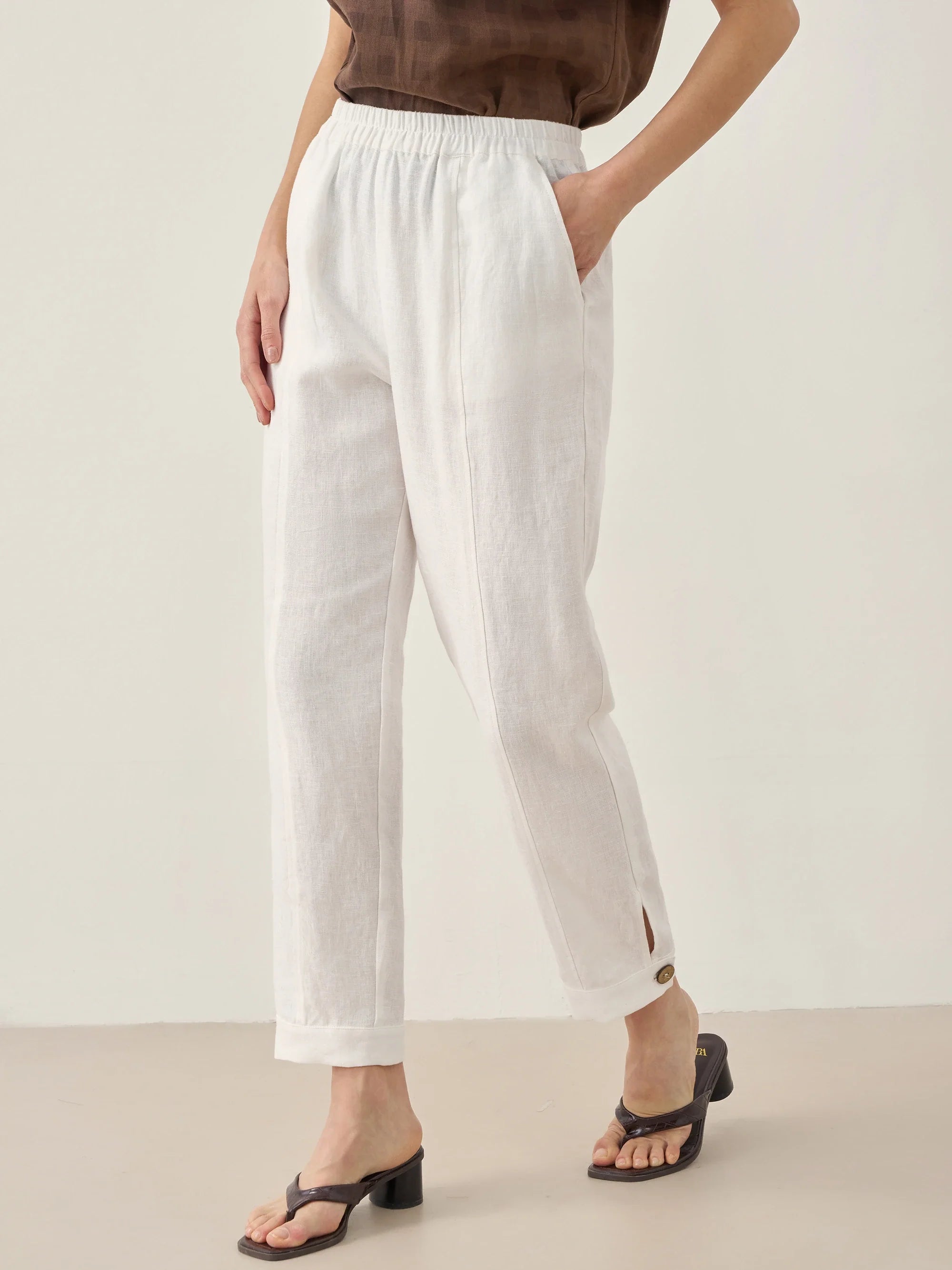 100% Linen Straight-Leg Pants with Elastic Waist PATRICE