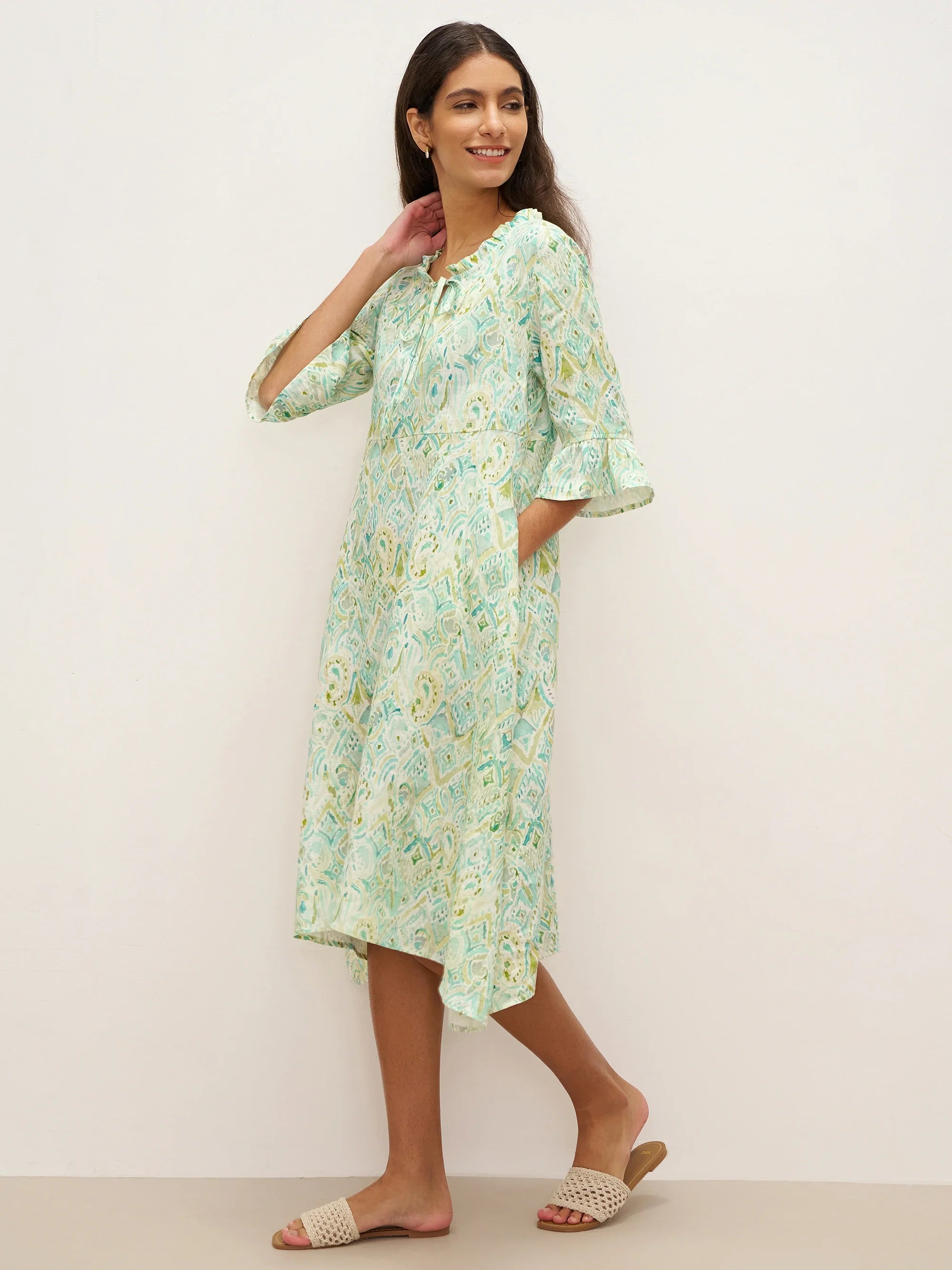 100% Linen A-Line Ruffled Collar Tie-Neck Midi Dress LIVIA