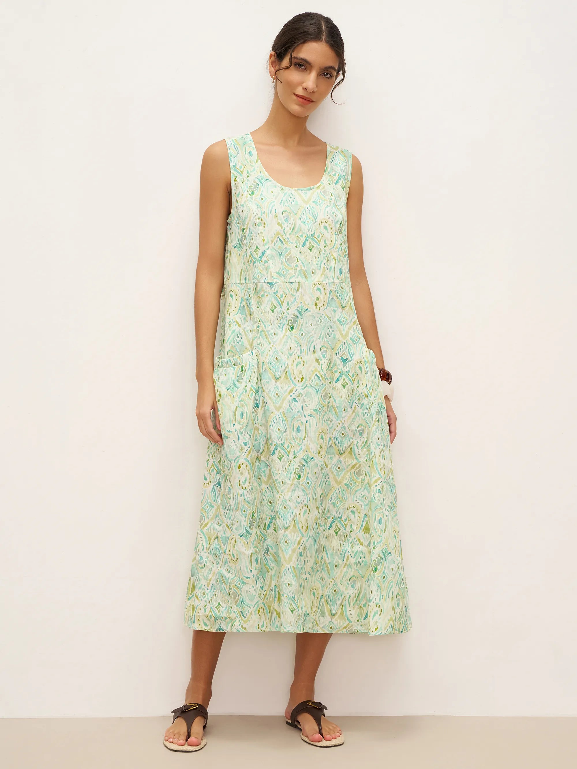 100% Linen Floral Swing Beach Tank Dress LORRAINE