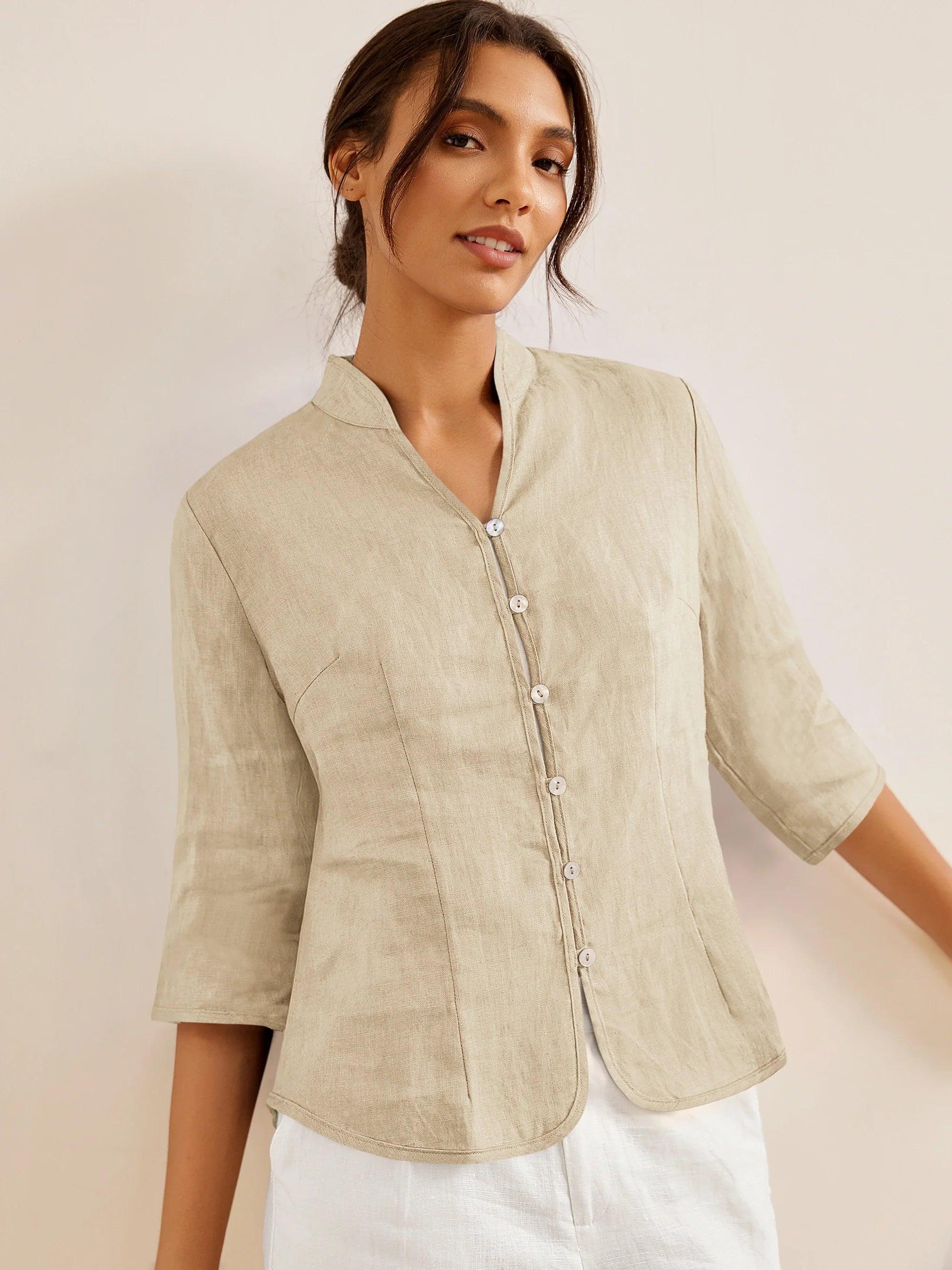 100% Linen Hand Button Fitted Jacket AMELIA