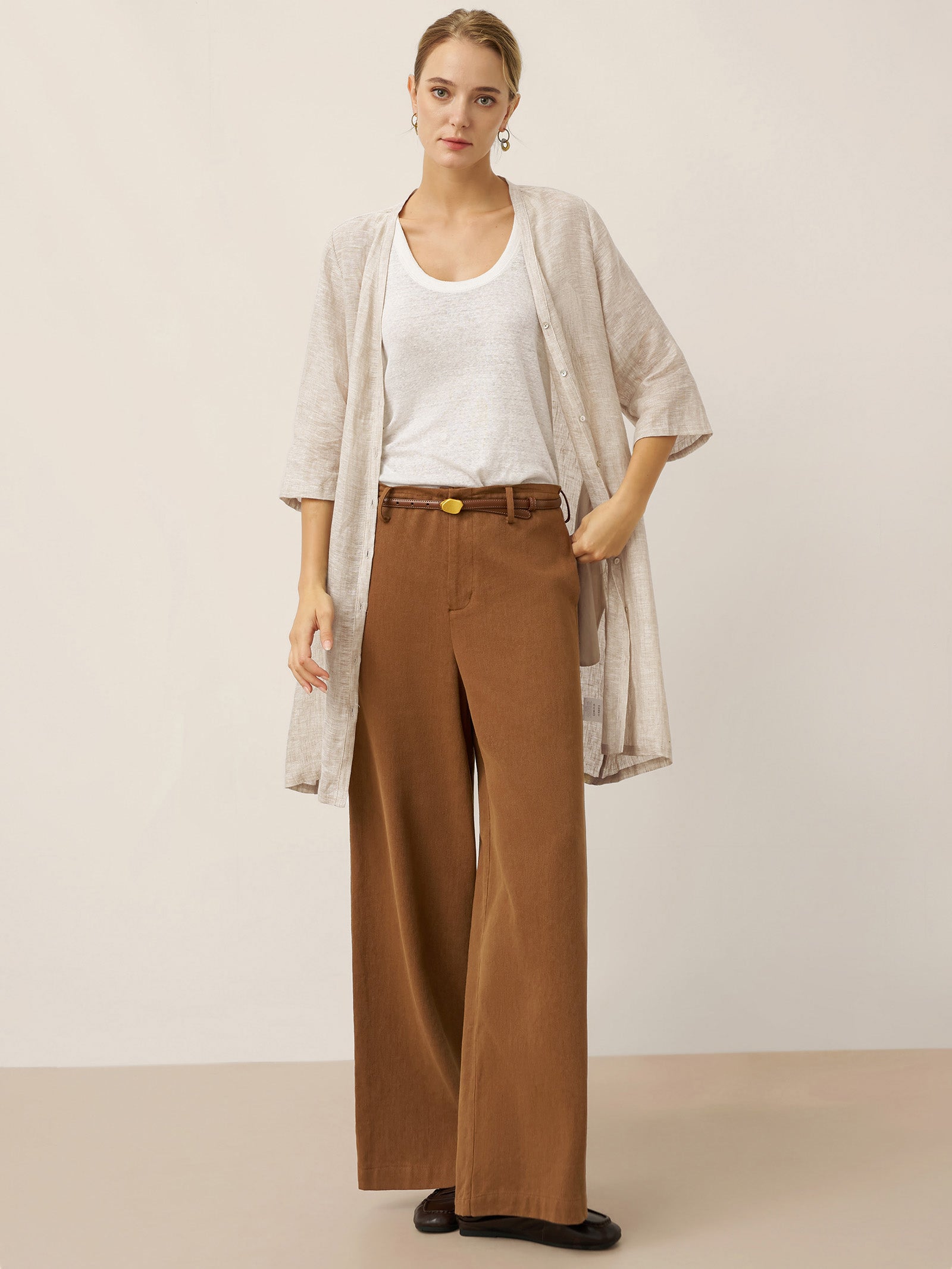 100% Linen Button Front Three-Quarter Sleeve Top