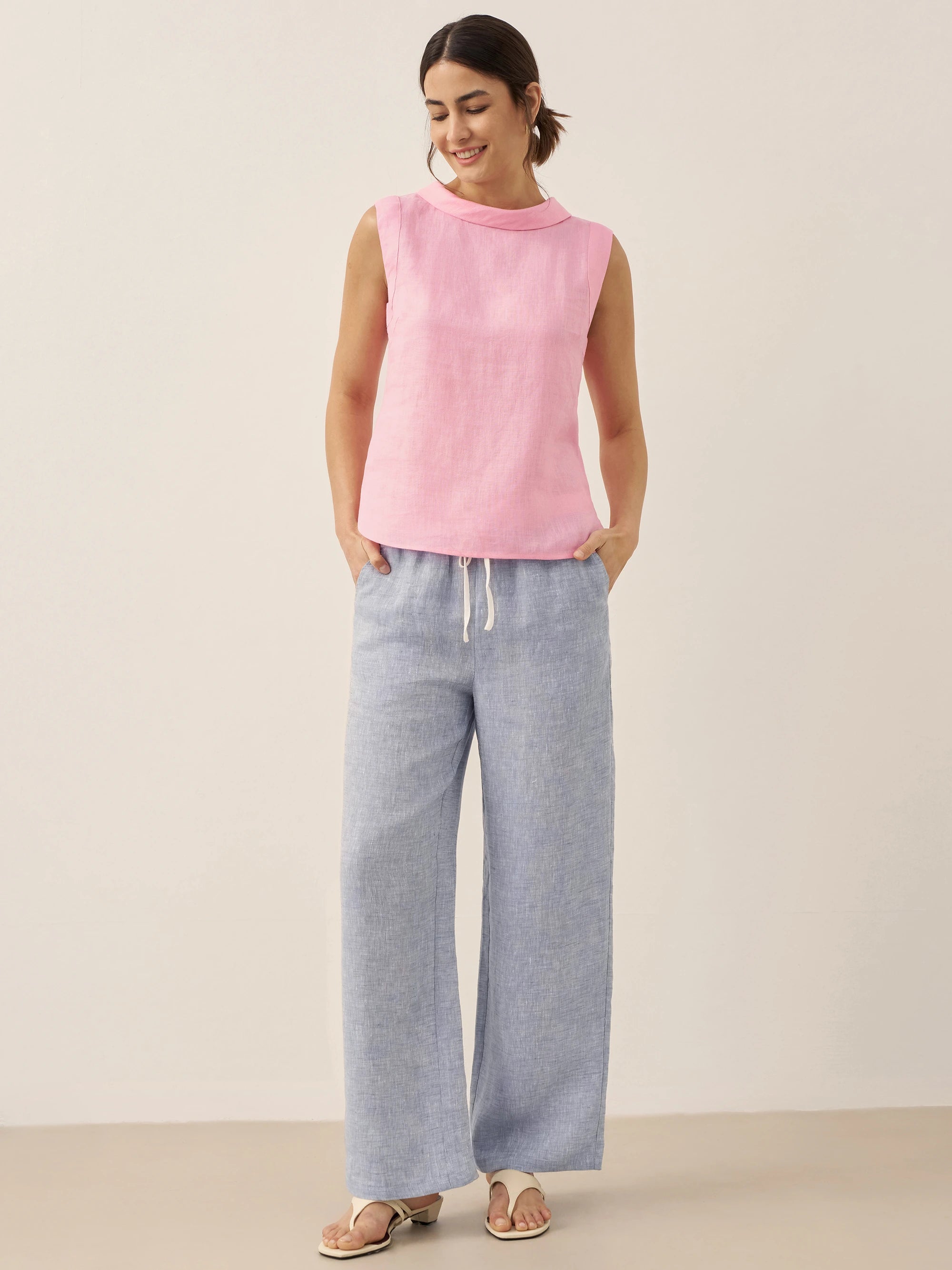 100% Linen Draped Collar Tank Top