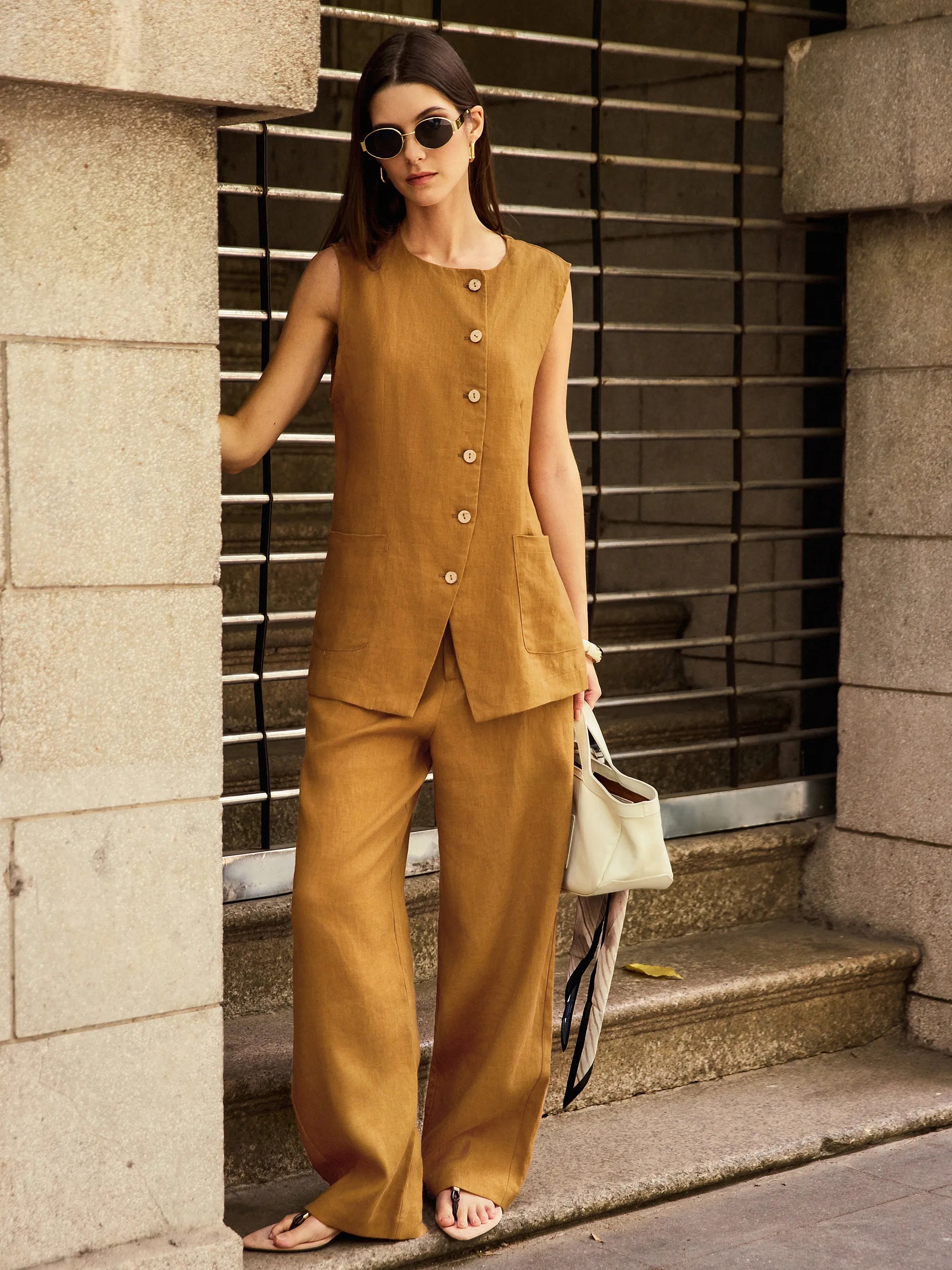 100% Linen Banana Cut Pants with Pockets EDELINE