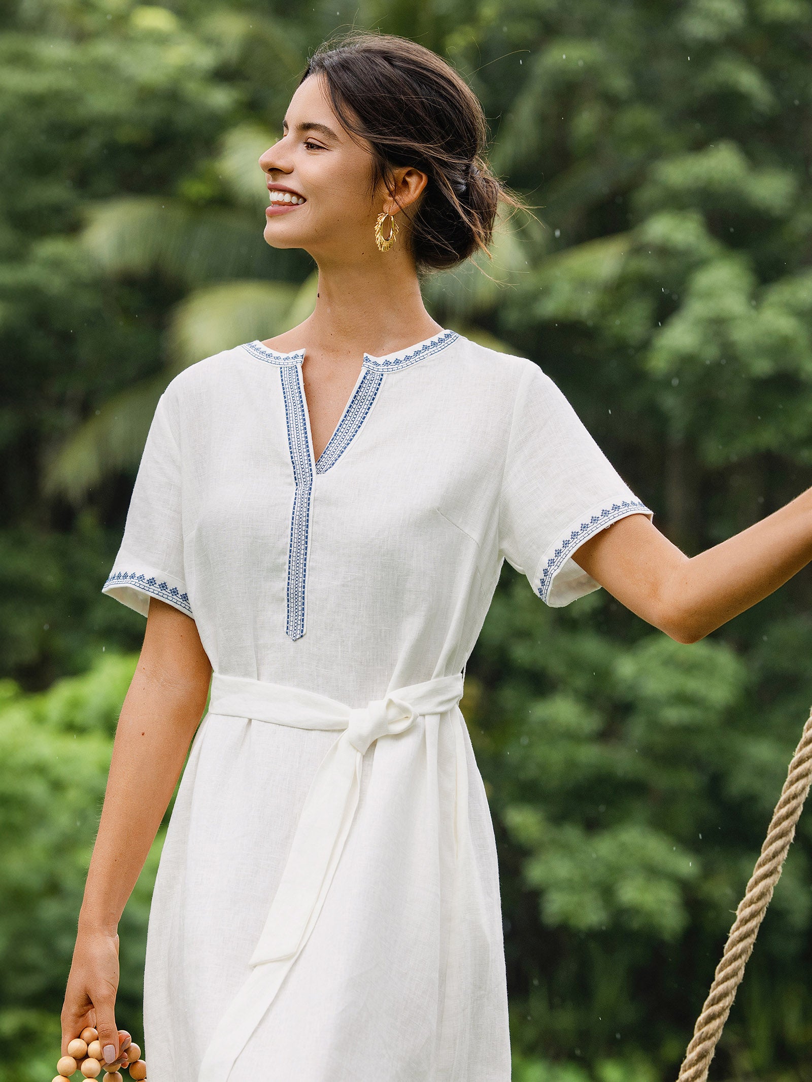 100% Linen Embroidered V-Neck Midi Dress with Belt FELLIS