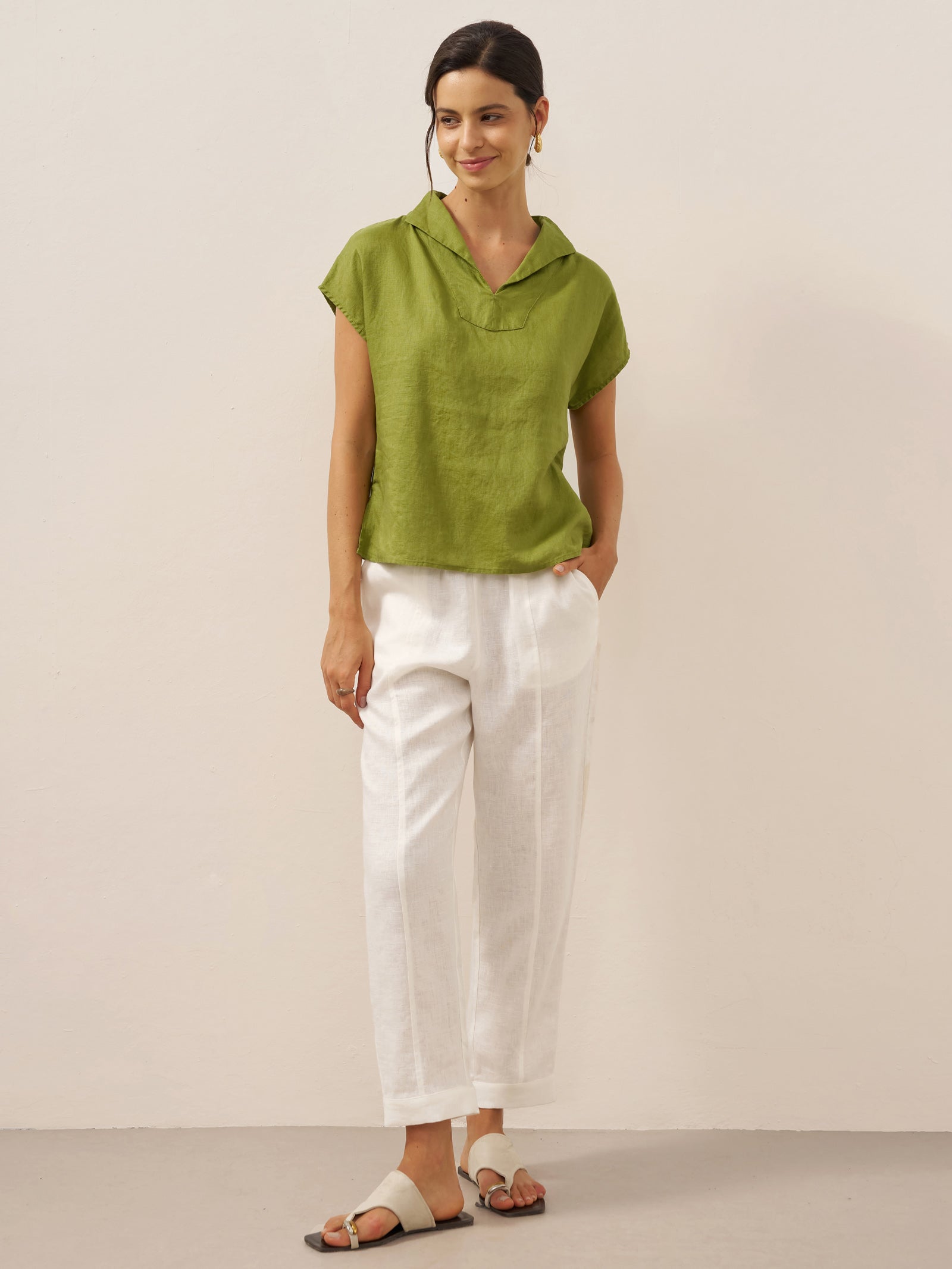 100% Linen Collared Cap Sleeve Top IVY