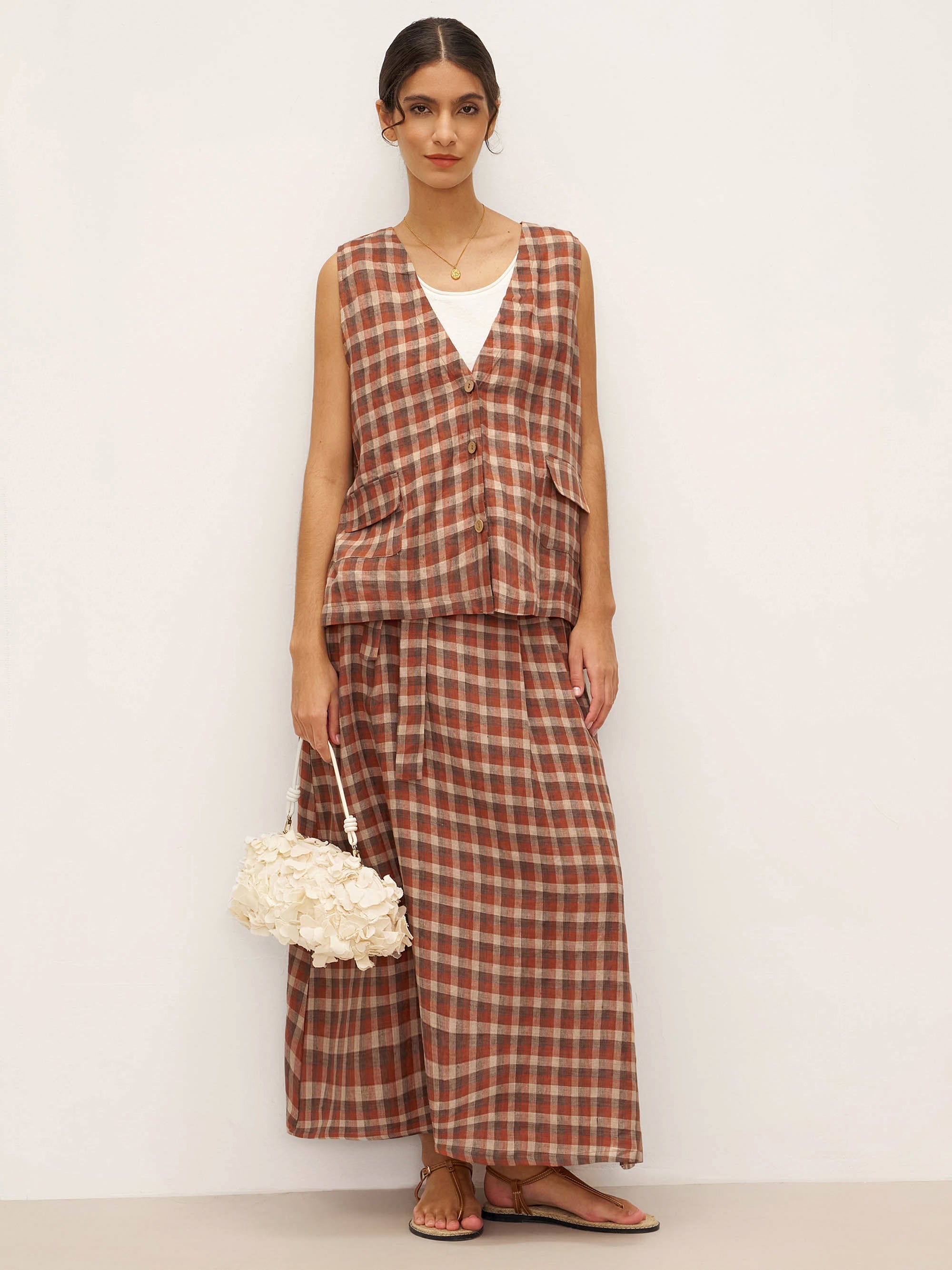 100% Linen V-Neck Checked Oversized Vest