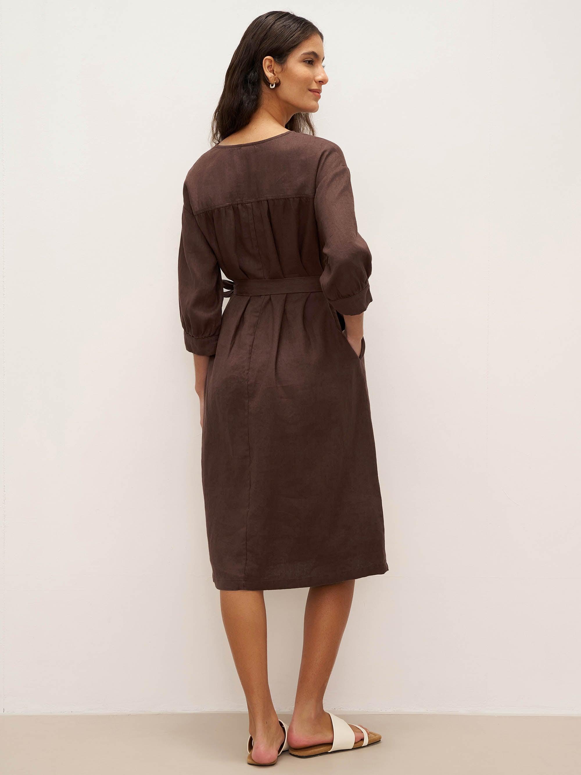 100% Linen Button Detail Midi Dress with Detachable Belt EIRA