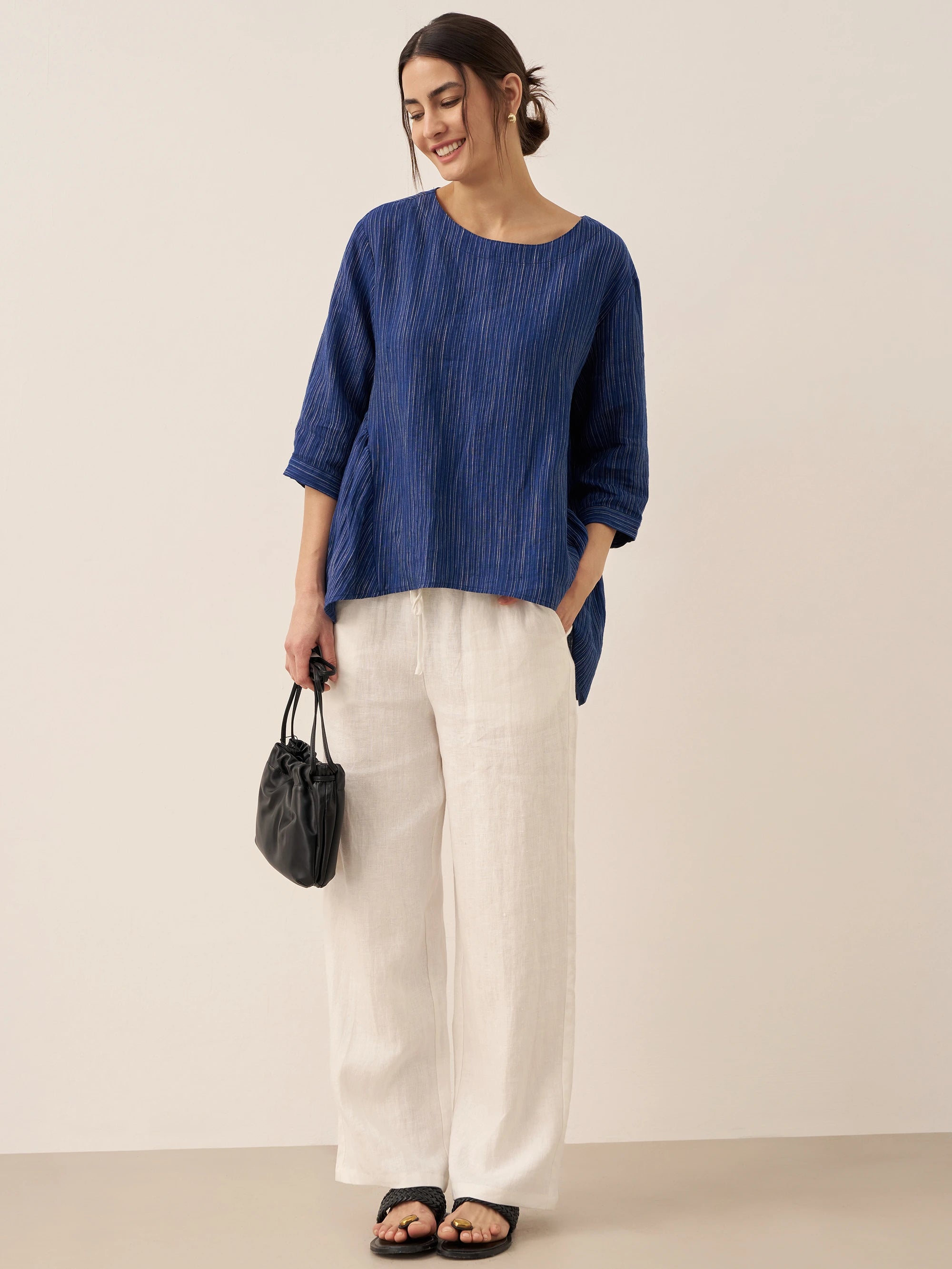 100% Linen Round Neck Artistic Stripe Top FLORENCE