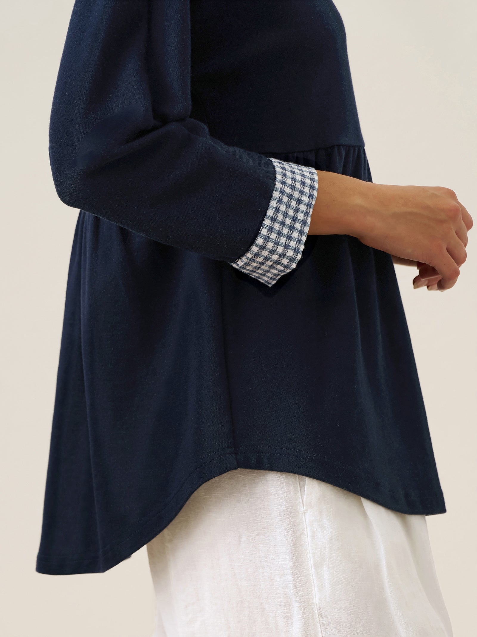 Cotton Patchwork Cuff Button Decor Top