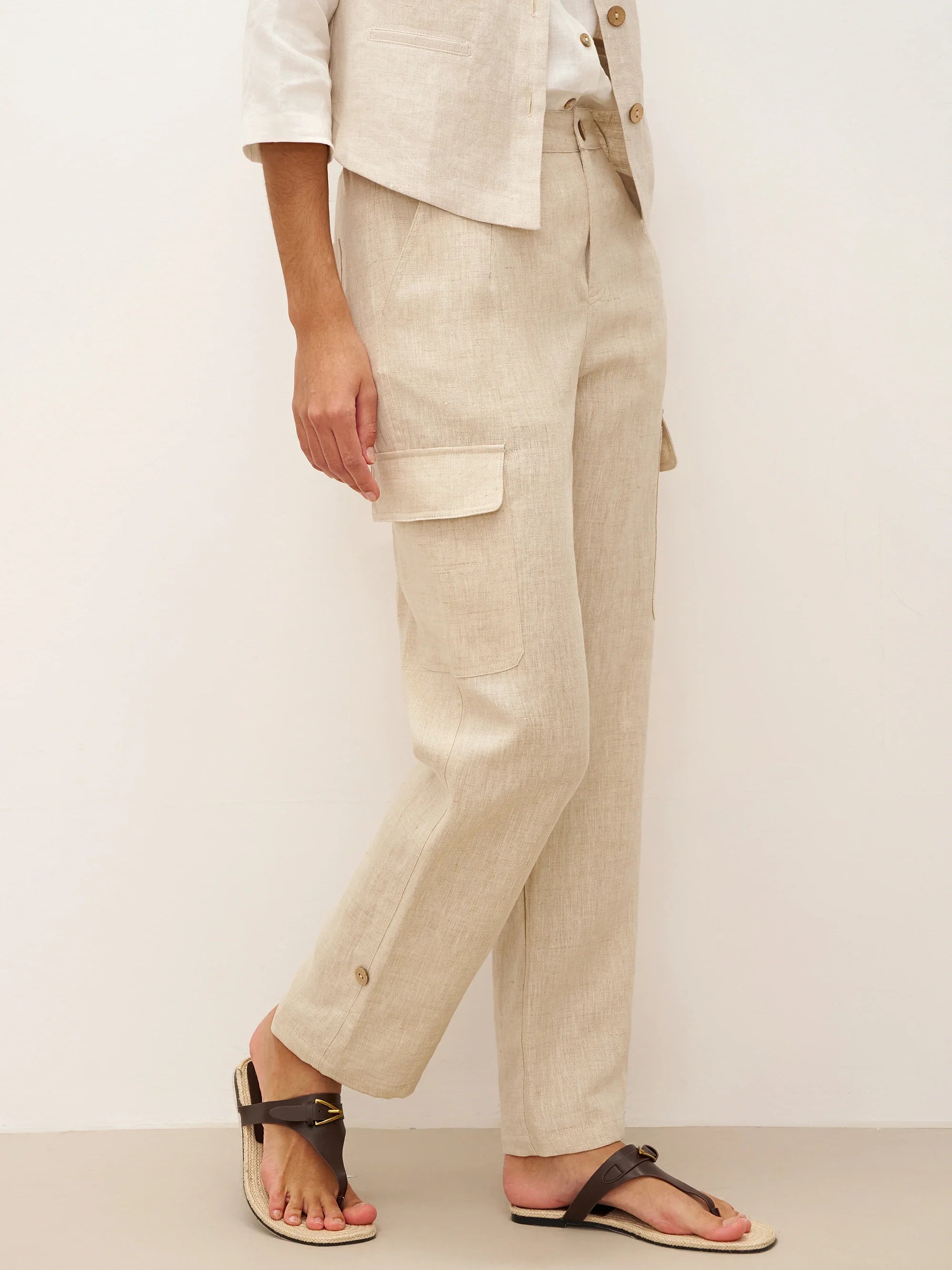 100% Linen Cargo Tapered Trousers with Patch Pockets JESSE