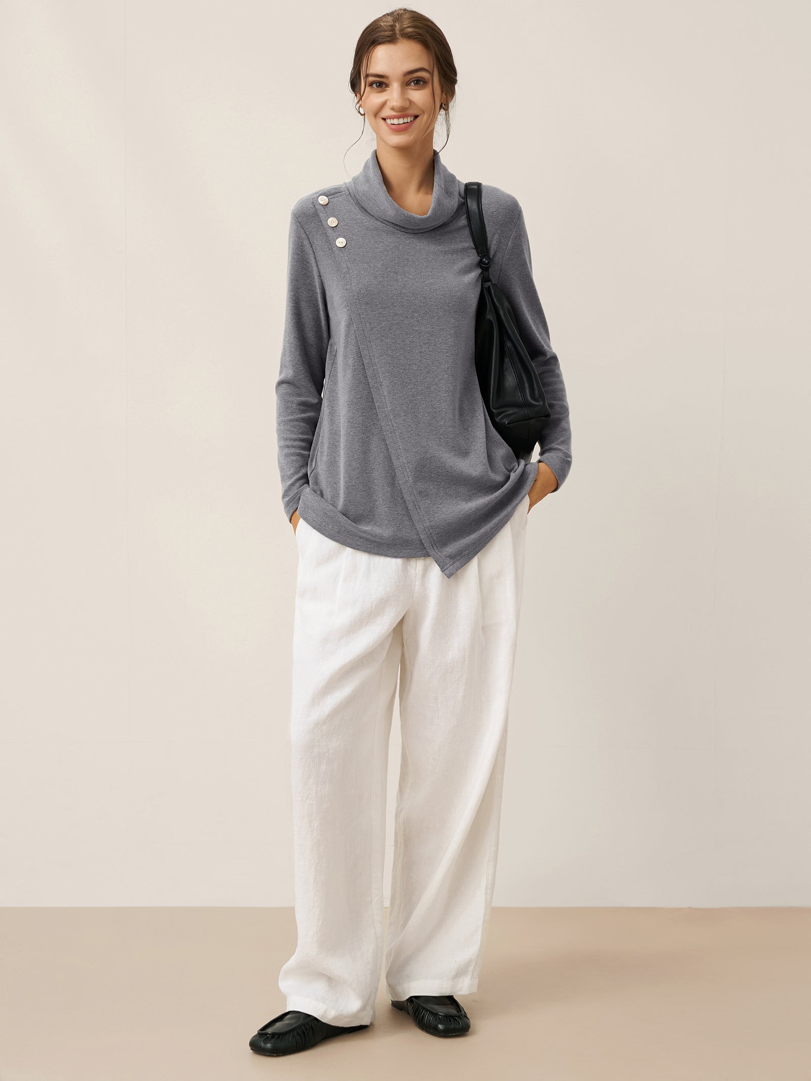 Mock Neck Buttoned Stretch Top