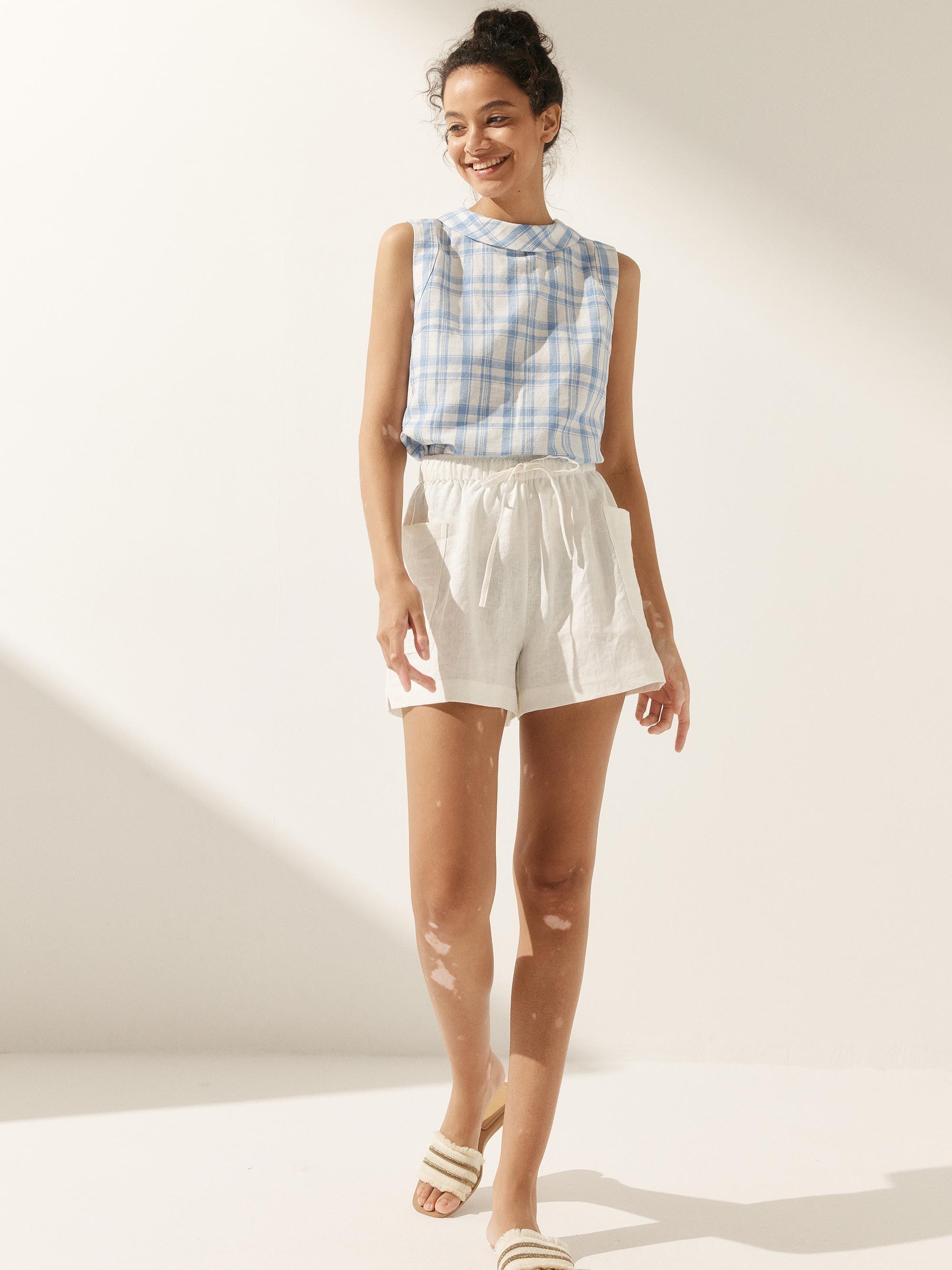 100% Linen Draped Collar Tank Top JACQUELINE